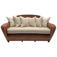 Rare Art Deco Wicker and Rattan Sofa with Linen Cushions, circa 1930s