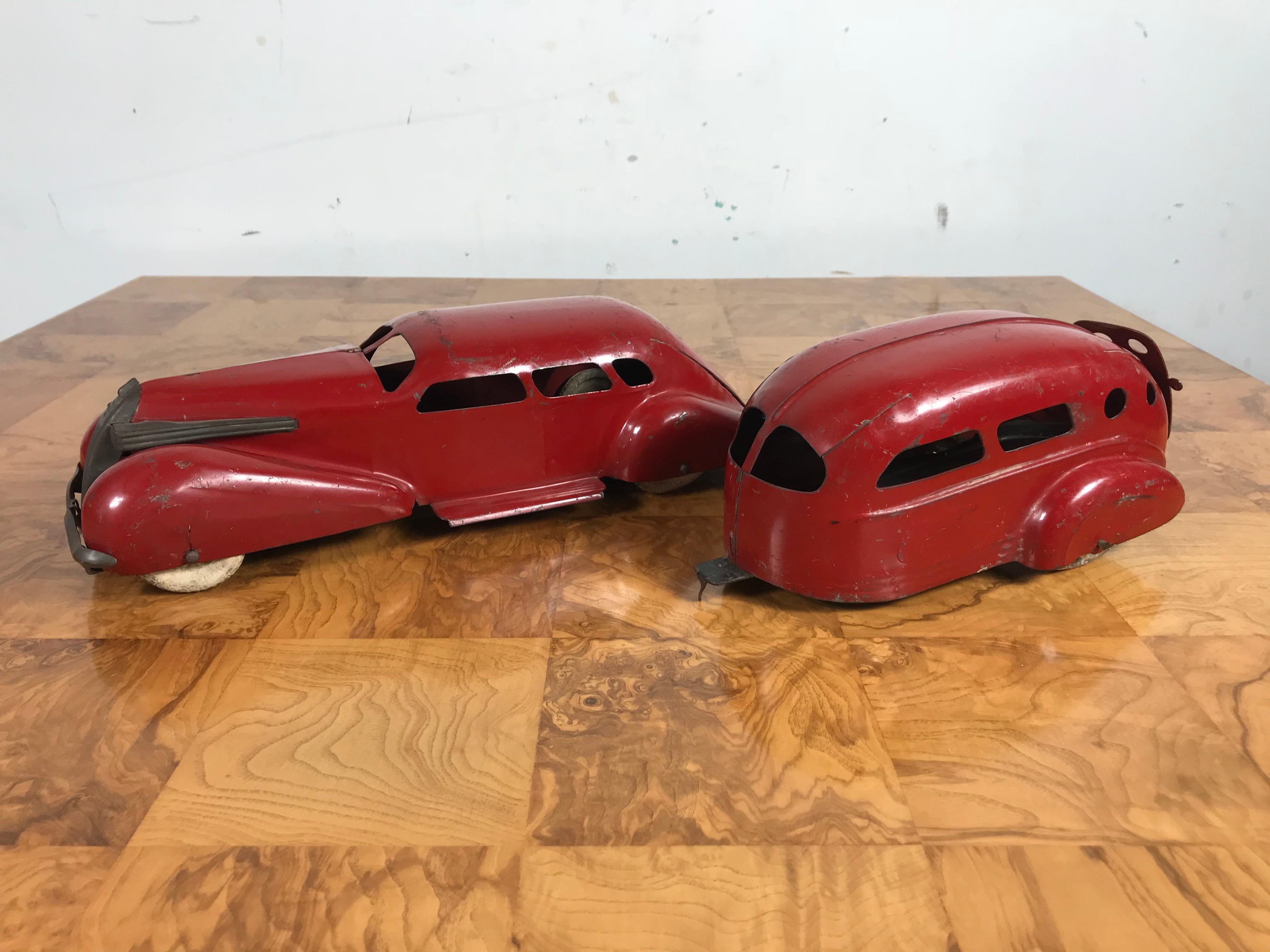 Rare Art Deco Wyandotte Pressed Steel LaSalle Car and Travel Trailer, 1936 2