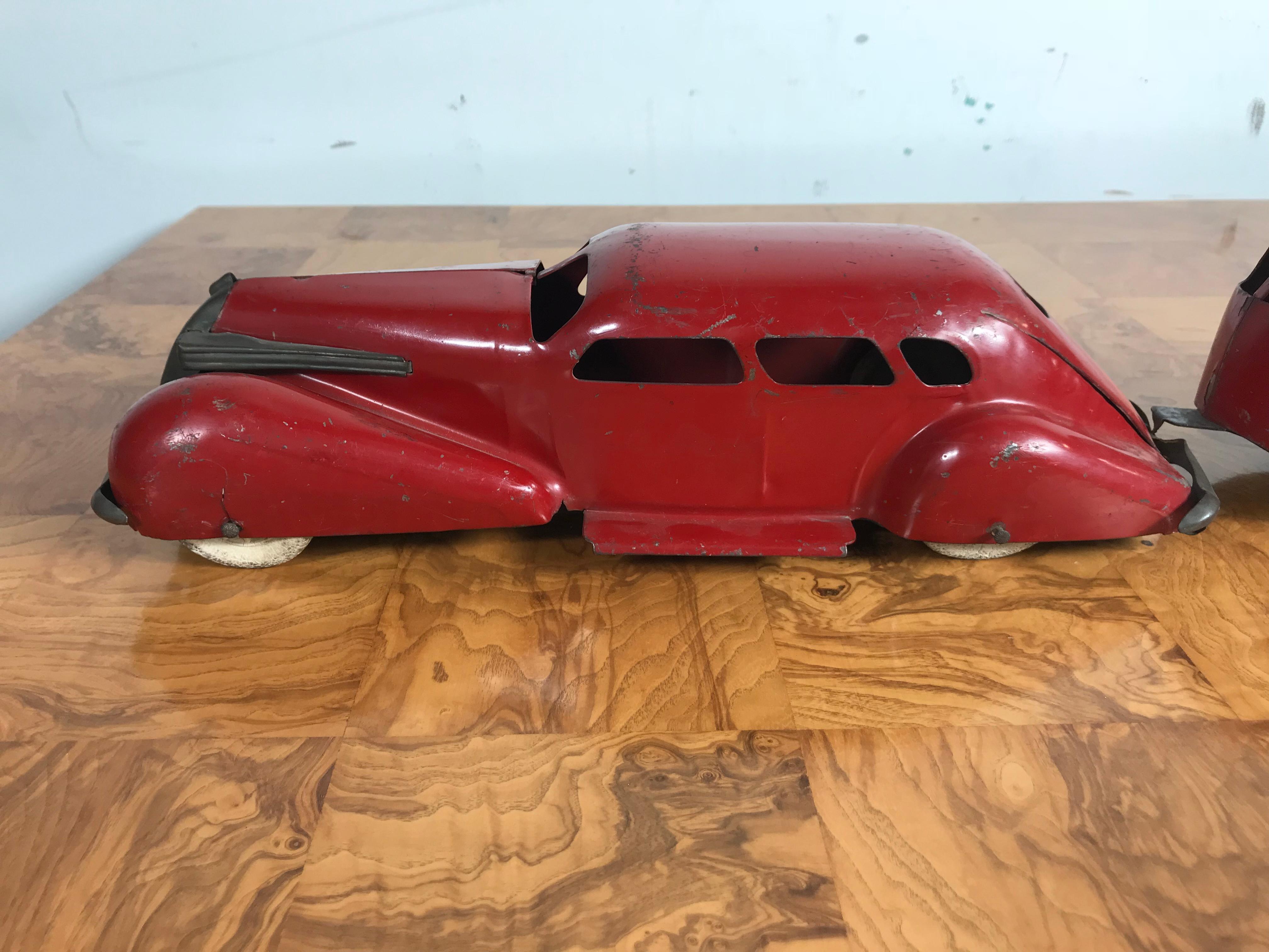 Rare 1936 Art Deco, Streamline Wyandotte pressed steel LaSalle car and travel trailer, antique toy. Amazing original paint and finish, nice condition,, Retains all detailed bumpers, grill and often missing rear door to trailer, Also retains all 6
