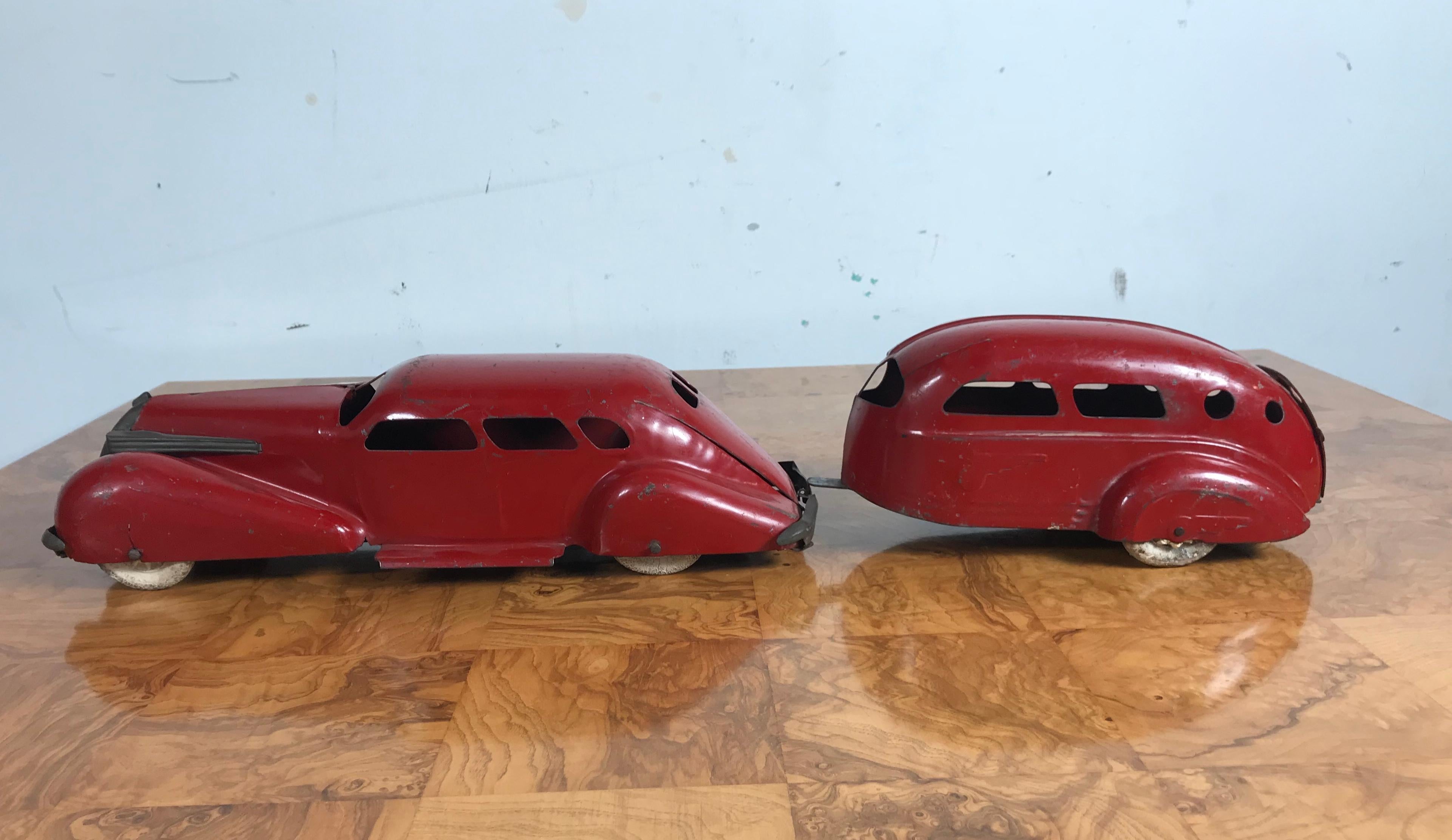 Painted Rare Art Deco Wyandotte Pressed Steel LaSalle Car and Travel Trailer, 1936