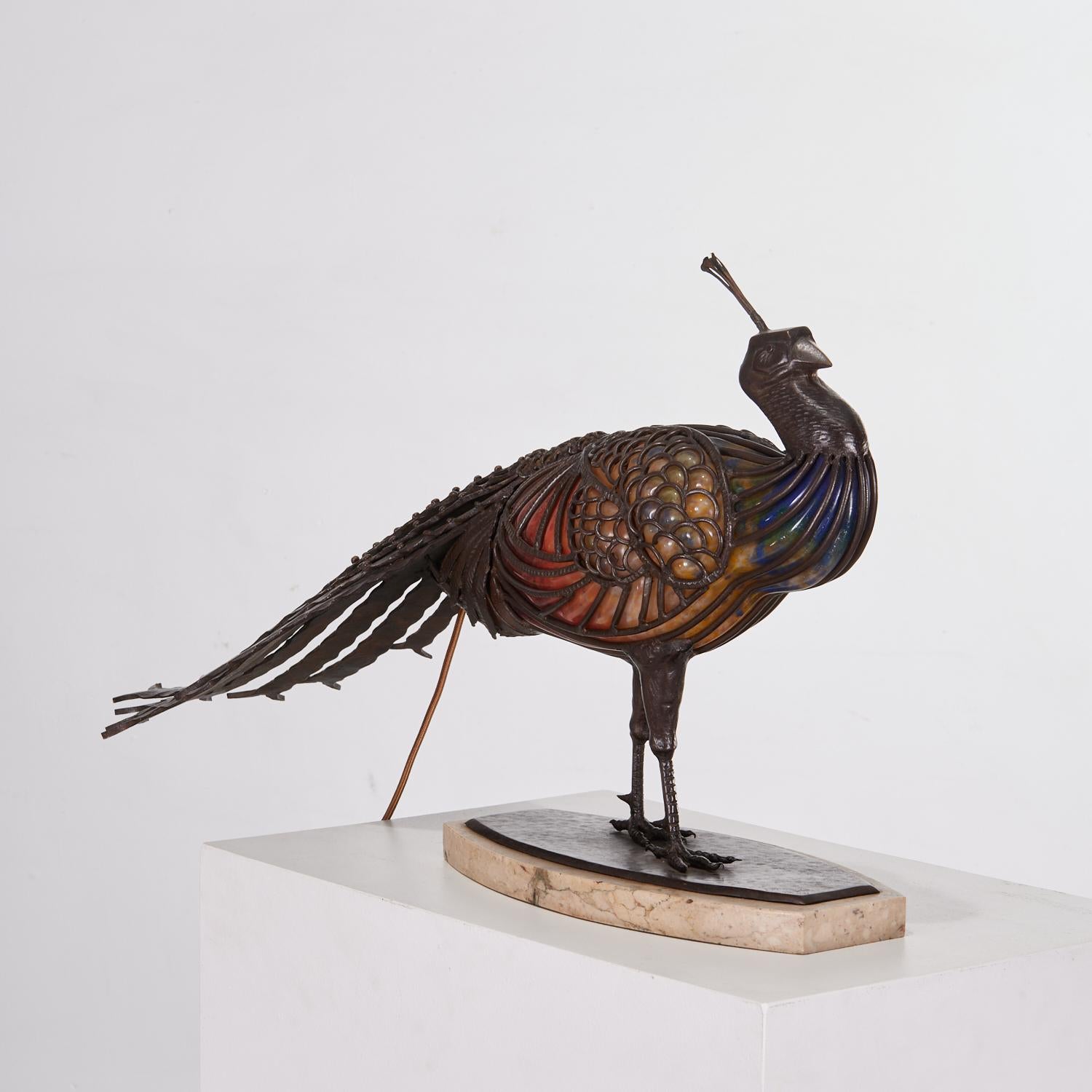 Rare Art glass and wrought Iron Sculptural  Peacock Lamp by Muller-Frères In Good Condition For Sale In Montreal, QC