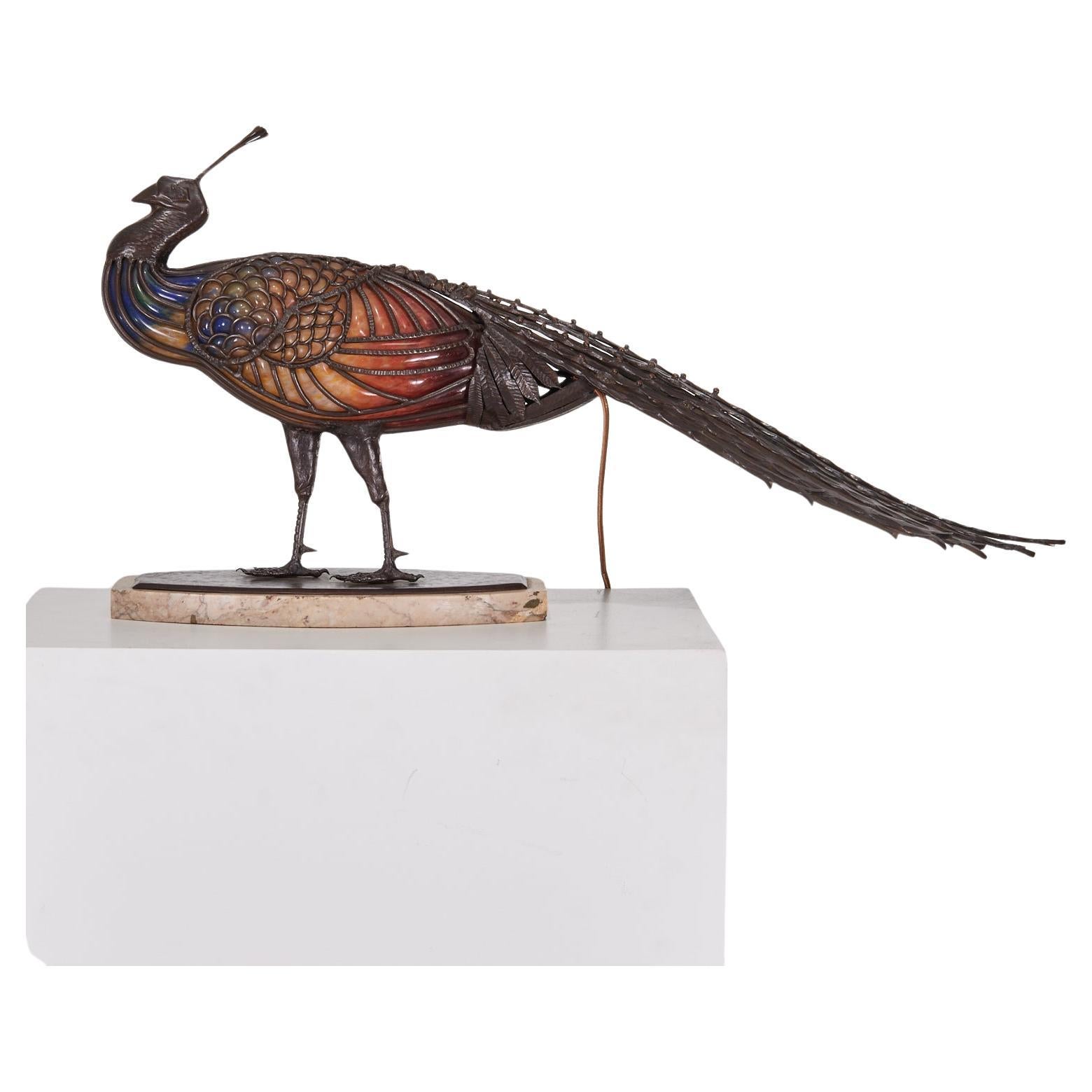 Rare Art glass and wrought Iron Sculptural  Peacock Lamp by Muller-Frères For Sale