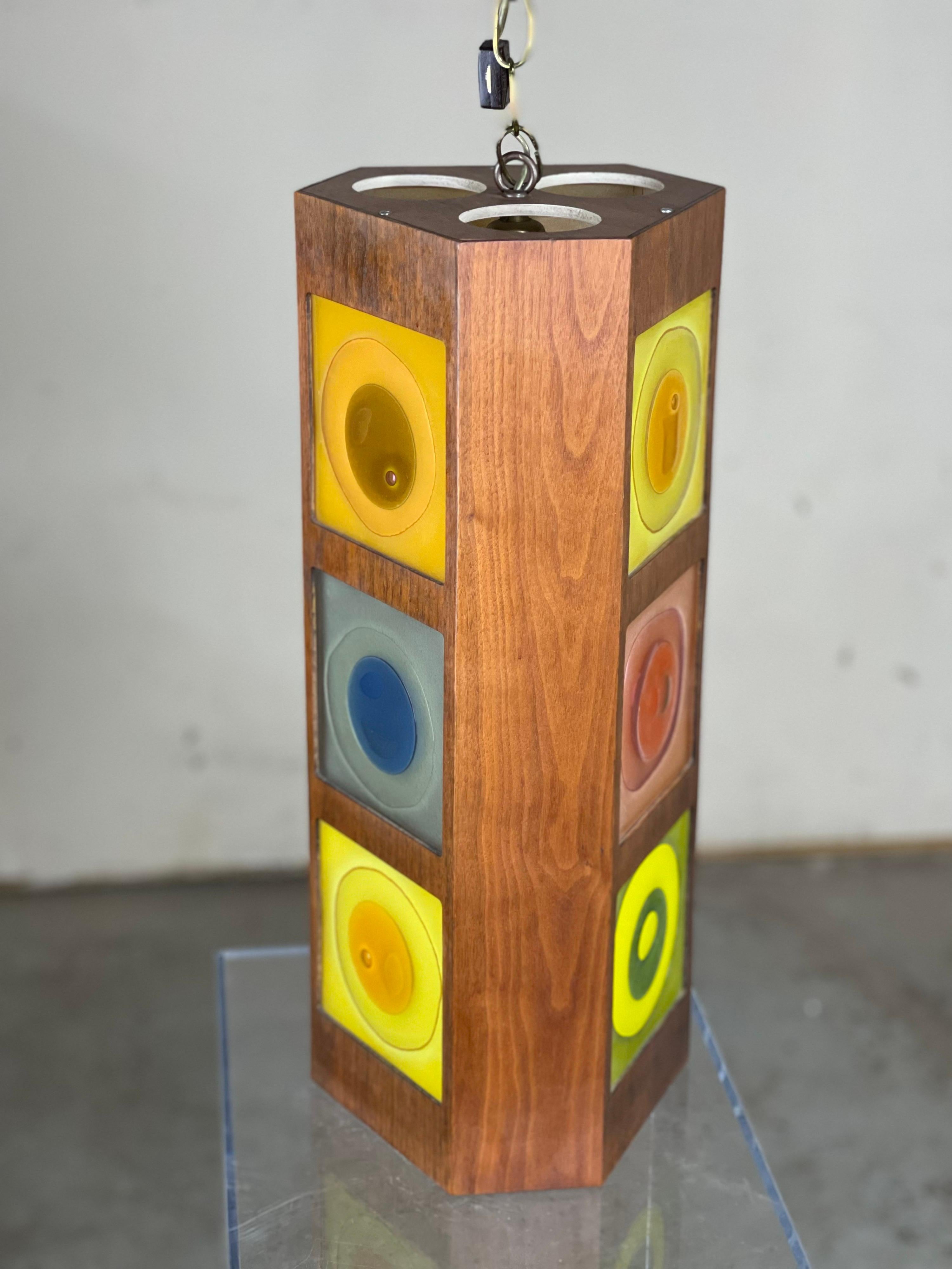 Rare Art Glass Pendant Lamp by France Higgins with Nine Fused Rondelays In Good Condition In Framingham, MA