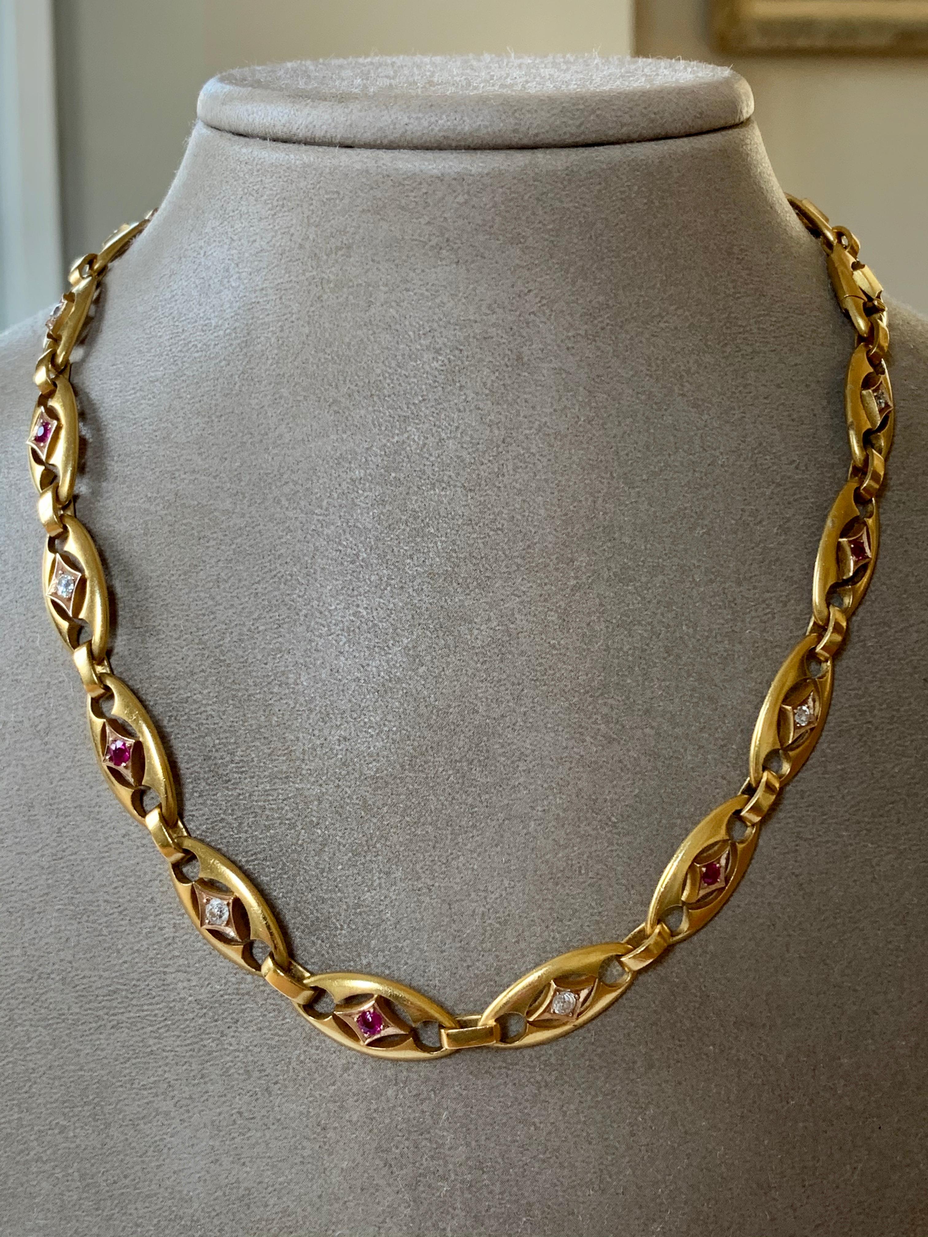 Rare Art Nouveau 14 Karat Yellow Gold Ruby and Diamond Necklace For Sale 5