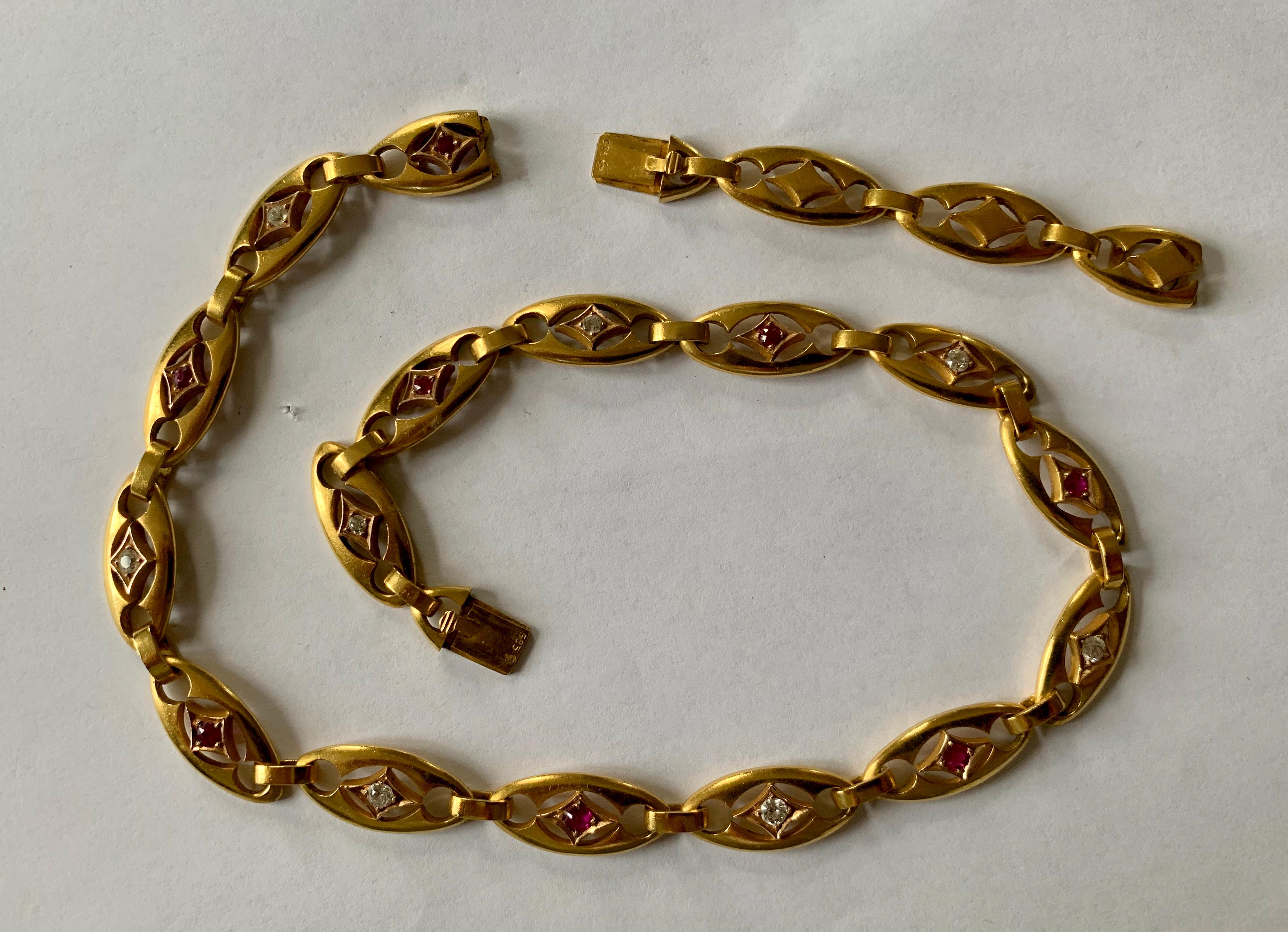 Round Cut Rare Art Nouveau 14 Karat Yellow Gold Ruby and Diamond Necklace For Sale