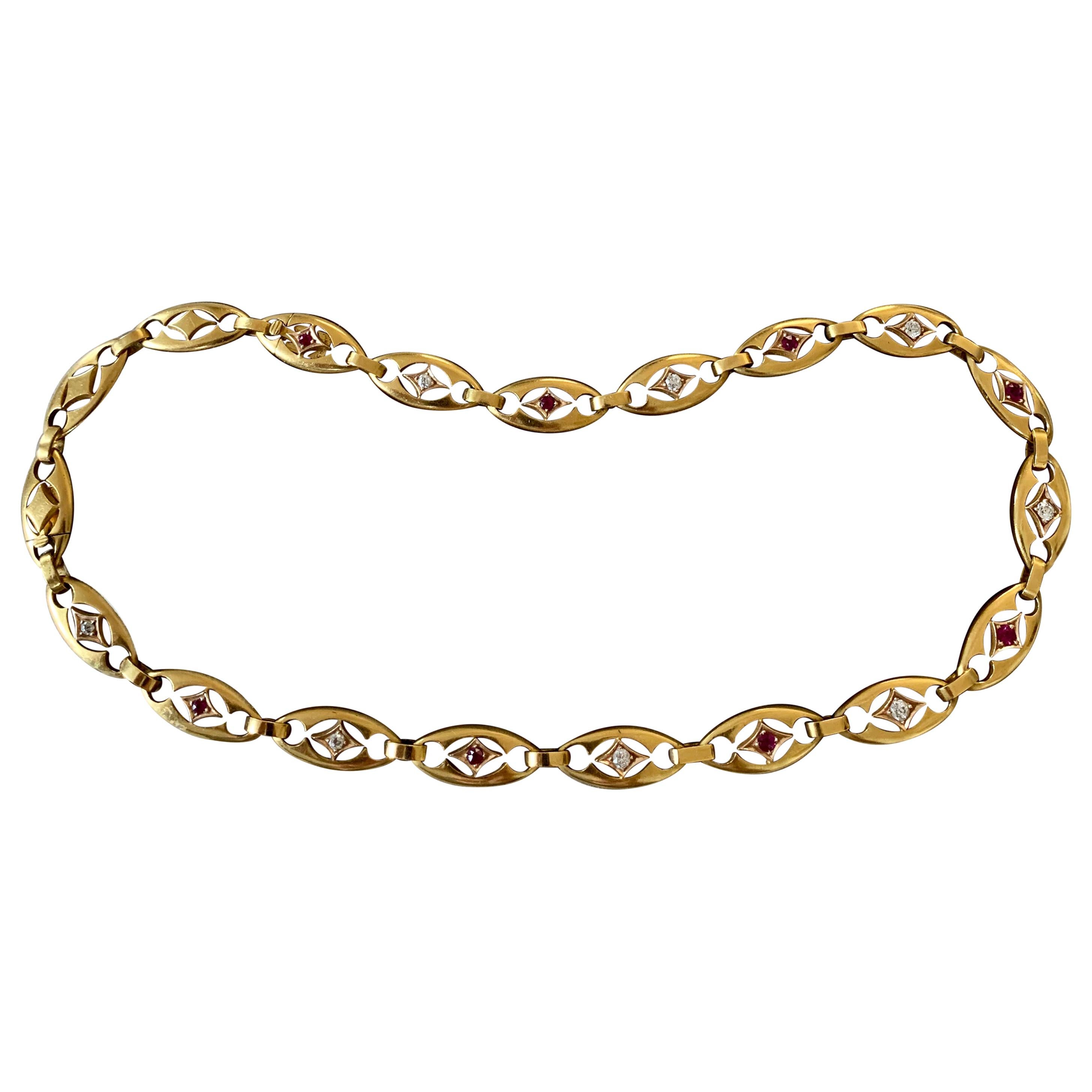 Rare Art Nouveau 14 Karat Yellow Gold Ruby and Diamond Necklace For Sale