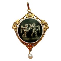 Rare Art Nouveau 18k Gold Pearl Swiss Enamel Twin Star Medal Pendant