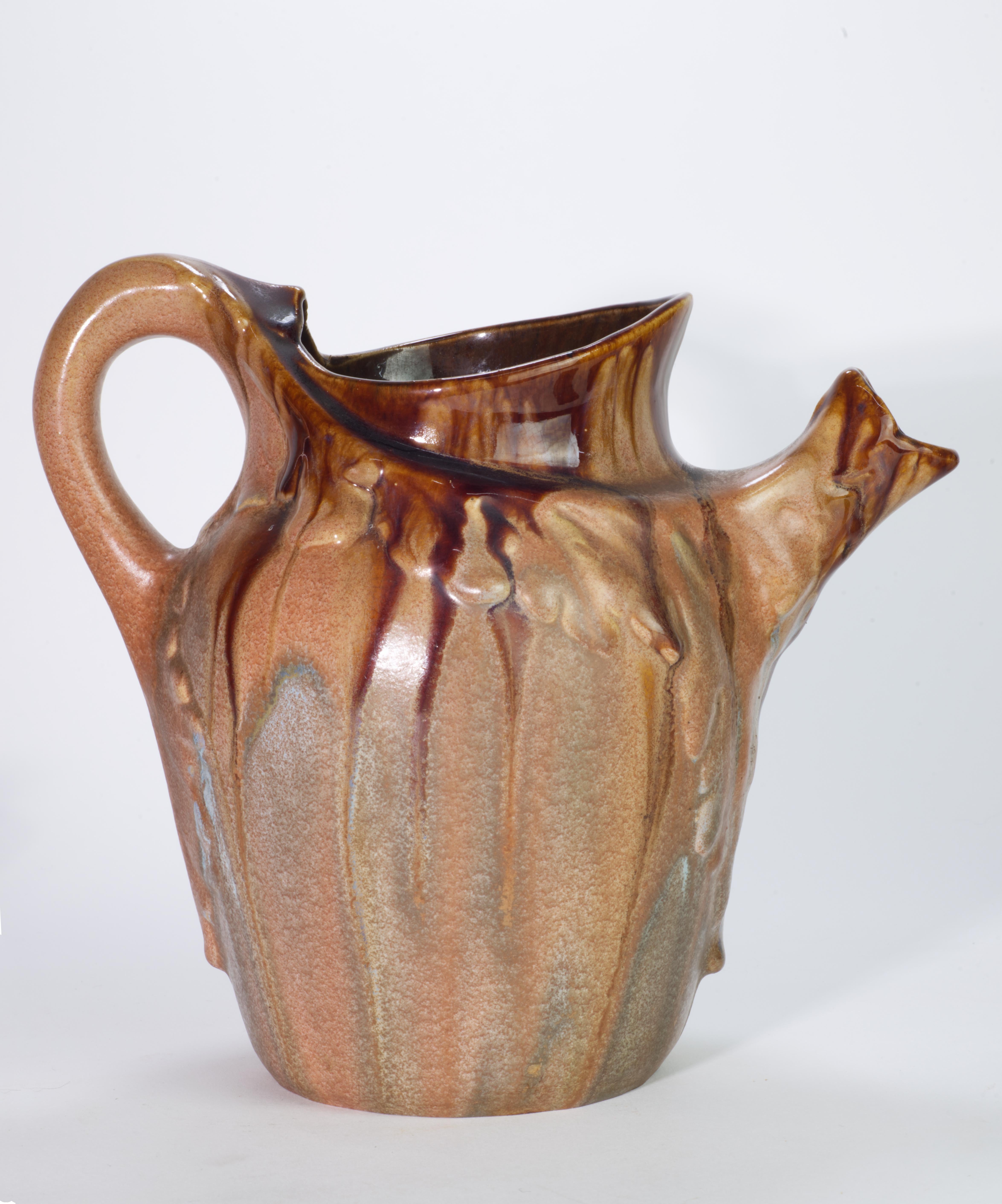 Belgian Rare Art Nouveau AMC Wasmuel Set of Faience Pitcher and 6 Glasses, Belguim