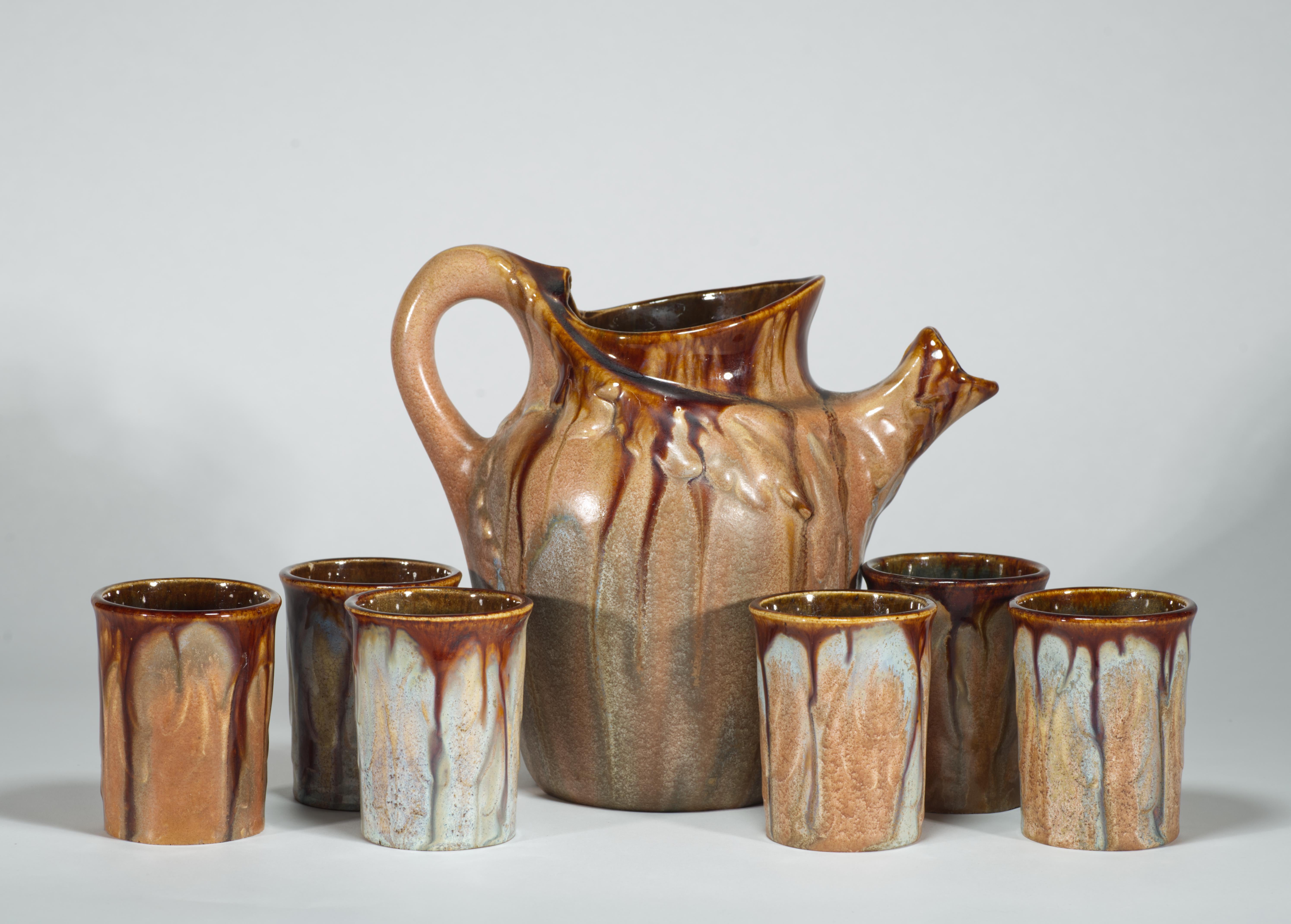 Belgian Rare Art Nouveau AMC Wasmuel Set of Faience Pitcher and 6 Glasses, Belguim For Sale