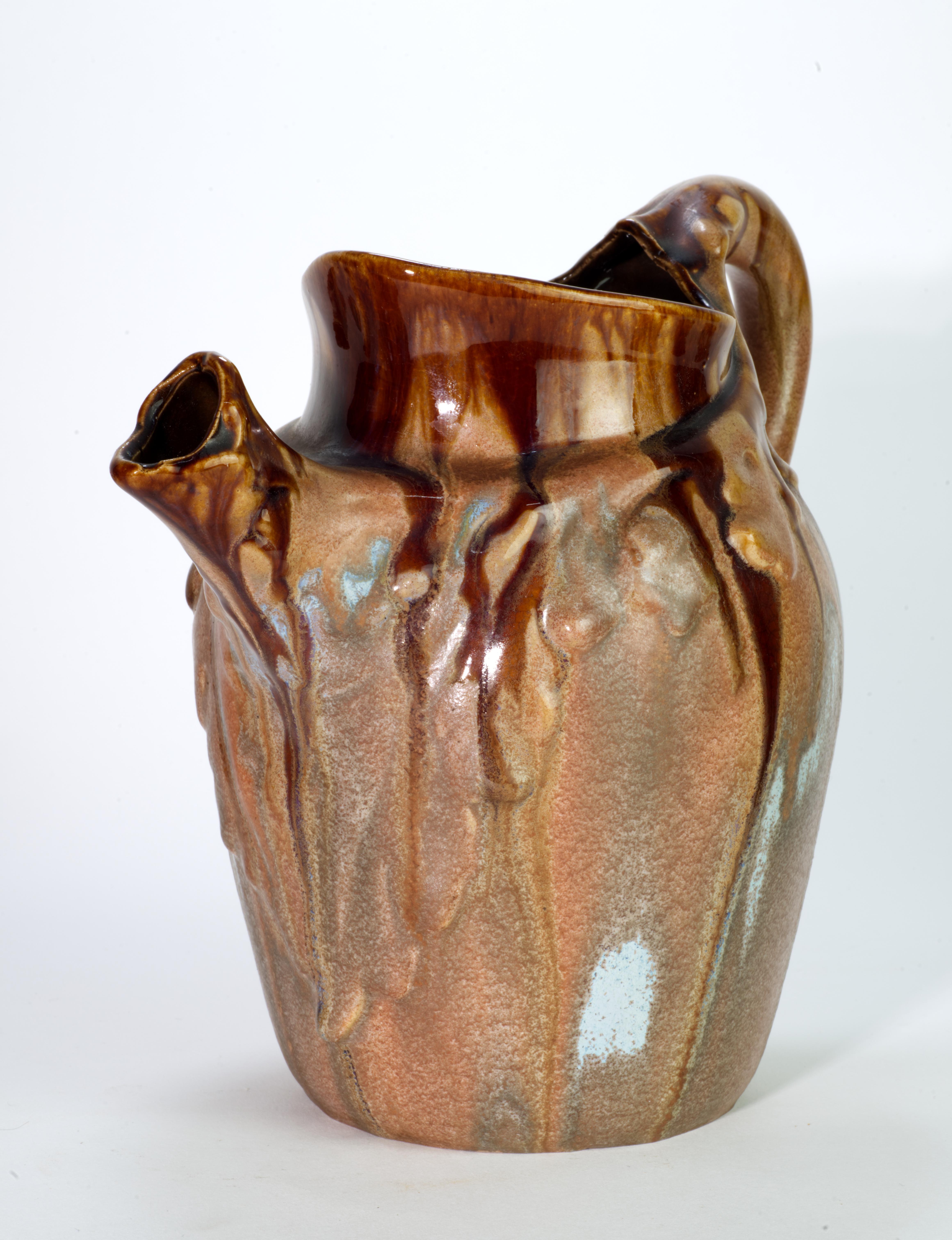 Rare Art Nouveau AMC Wasmuel Set of Faience Pitcher and 6 Glasses, Belguim In Good Condition In Clifton Springs, NY