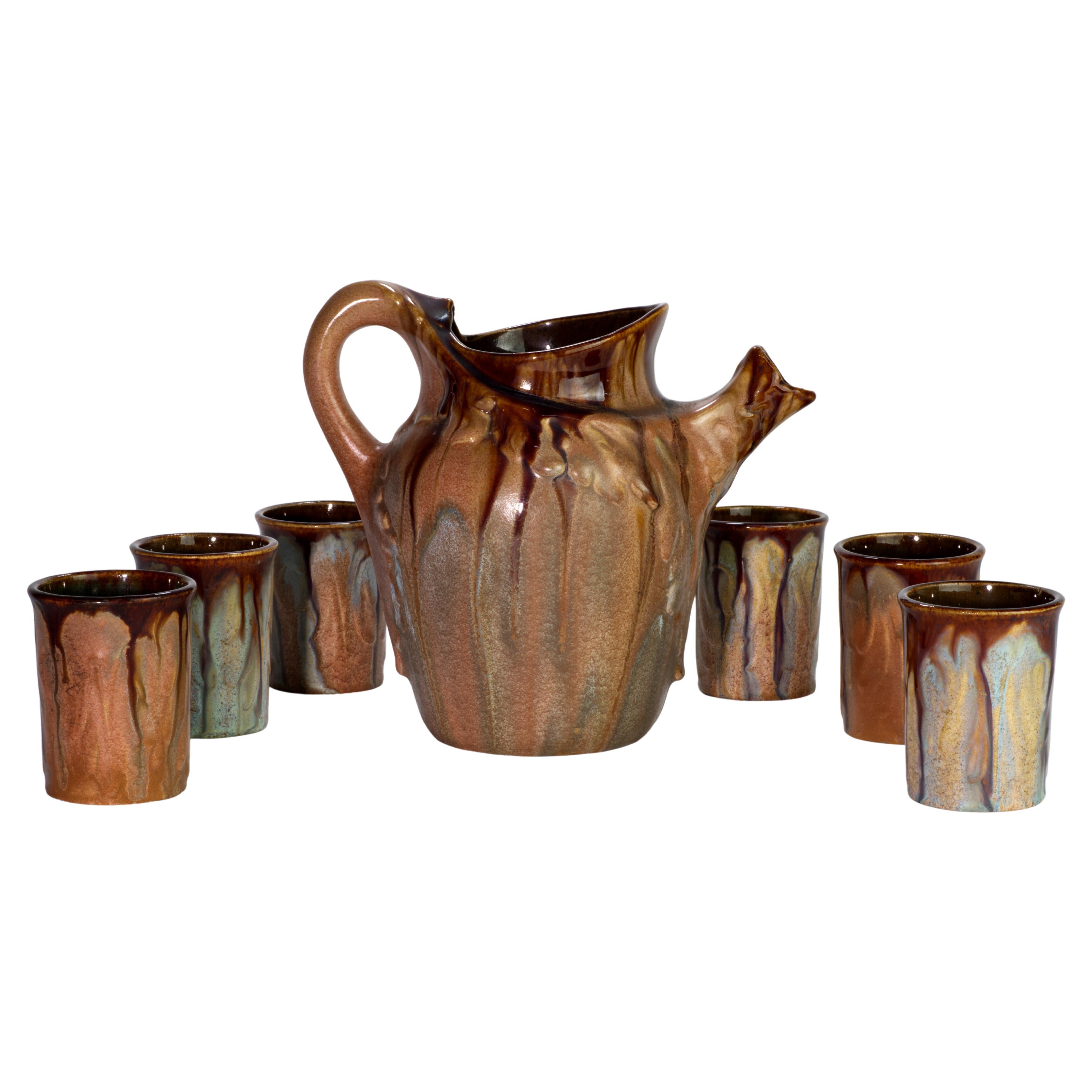 Rare Art Nouveau AMC Wasmuel Set of Faience Pitcher and 6 Glasses, Belguim