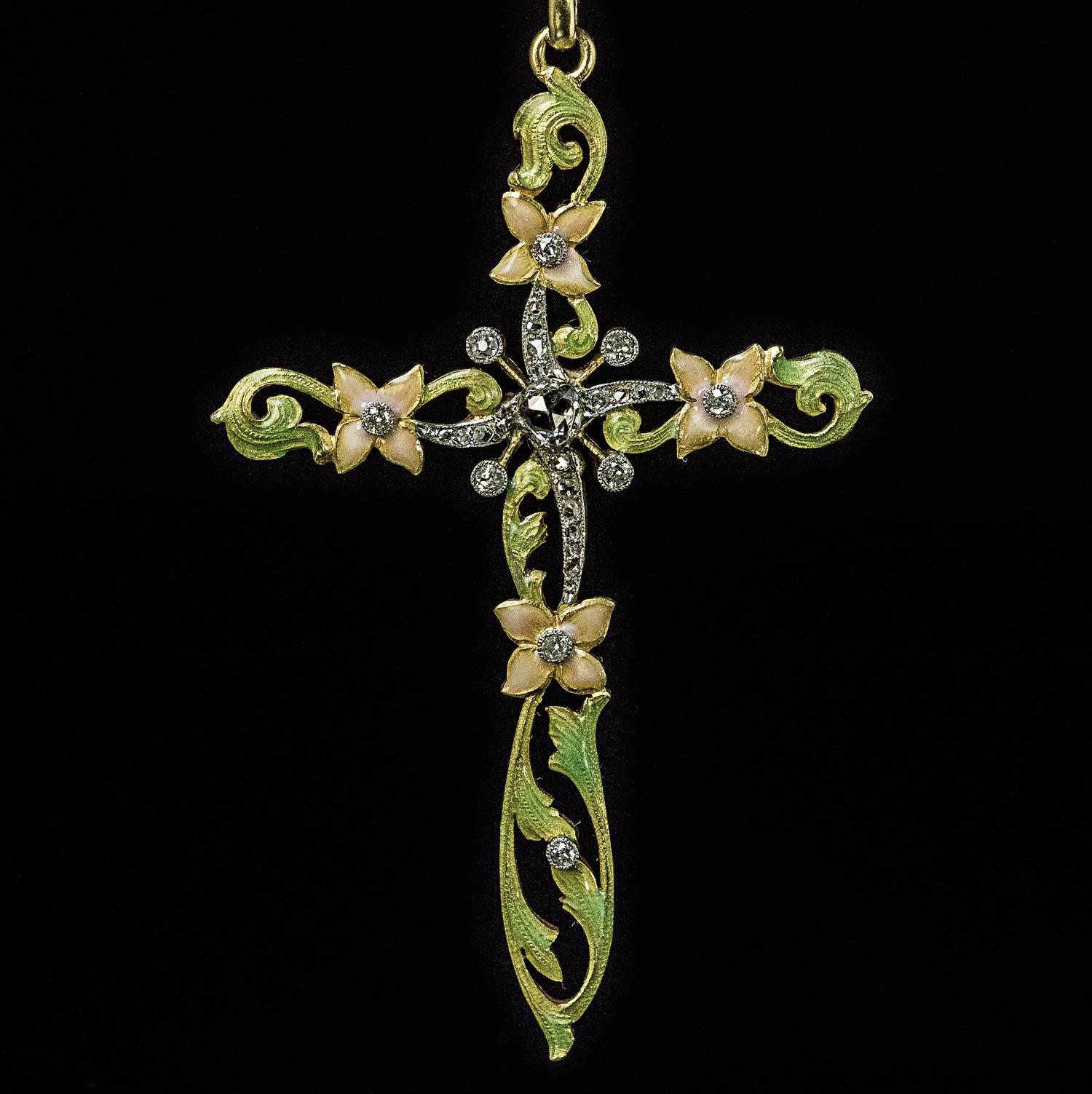Women's or Men's Rare Art Nouveau Antique Enamel Diamond Cross Pendant