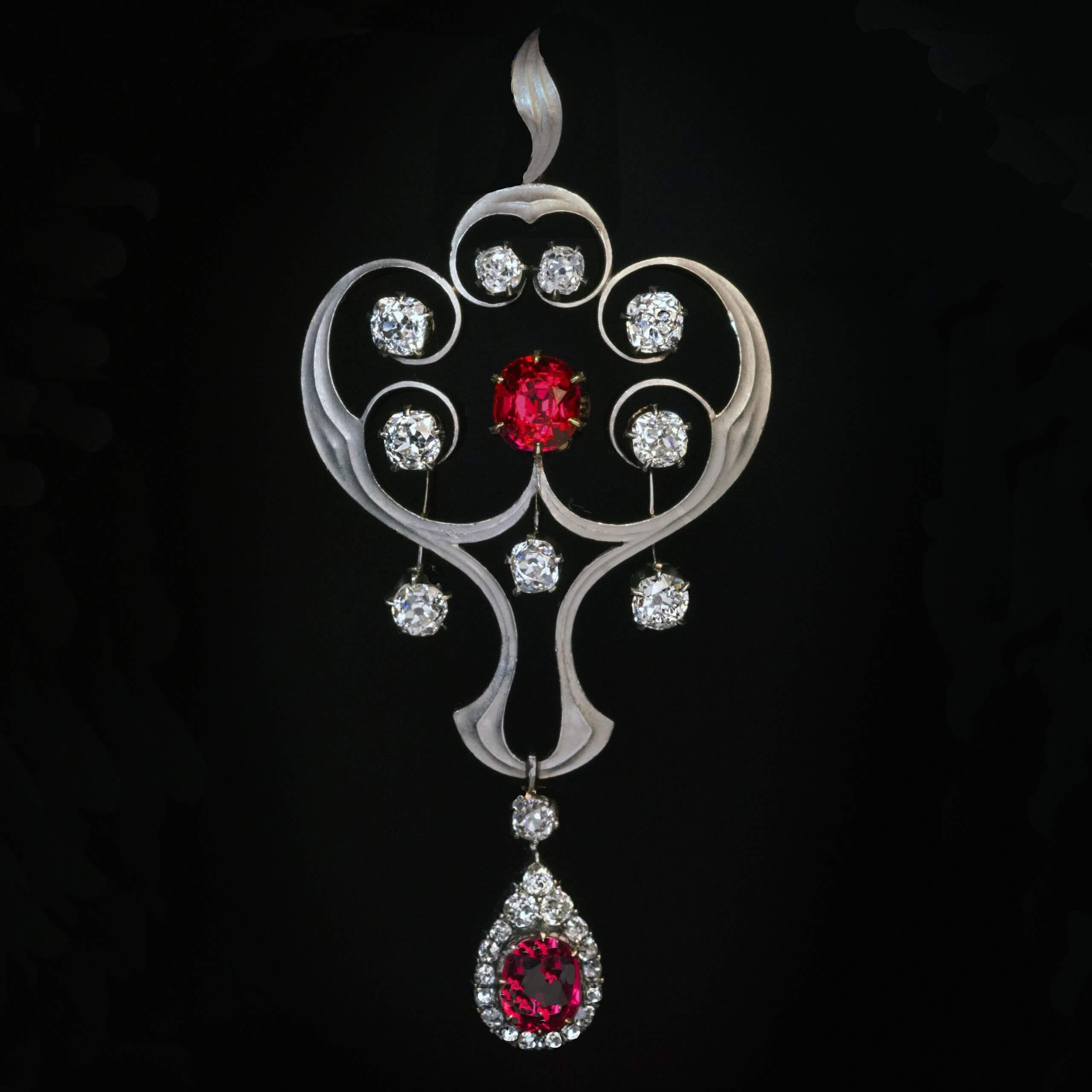 Women's Rare Art Nouveau Burmese Spinel Diamond Antique Pendant For Sale