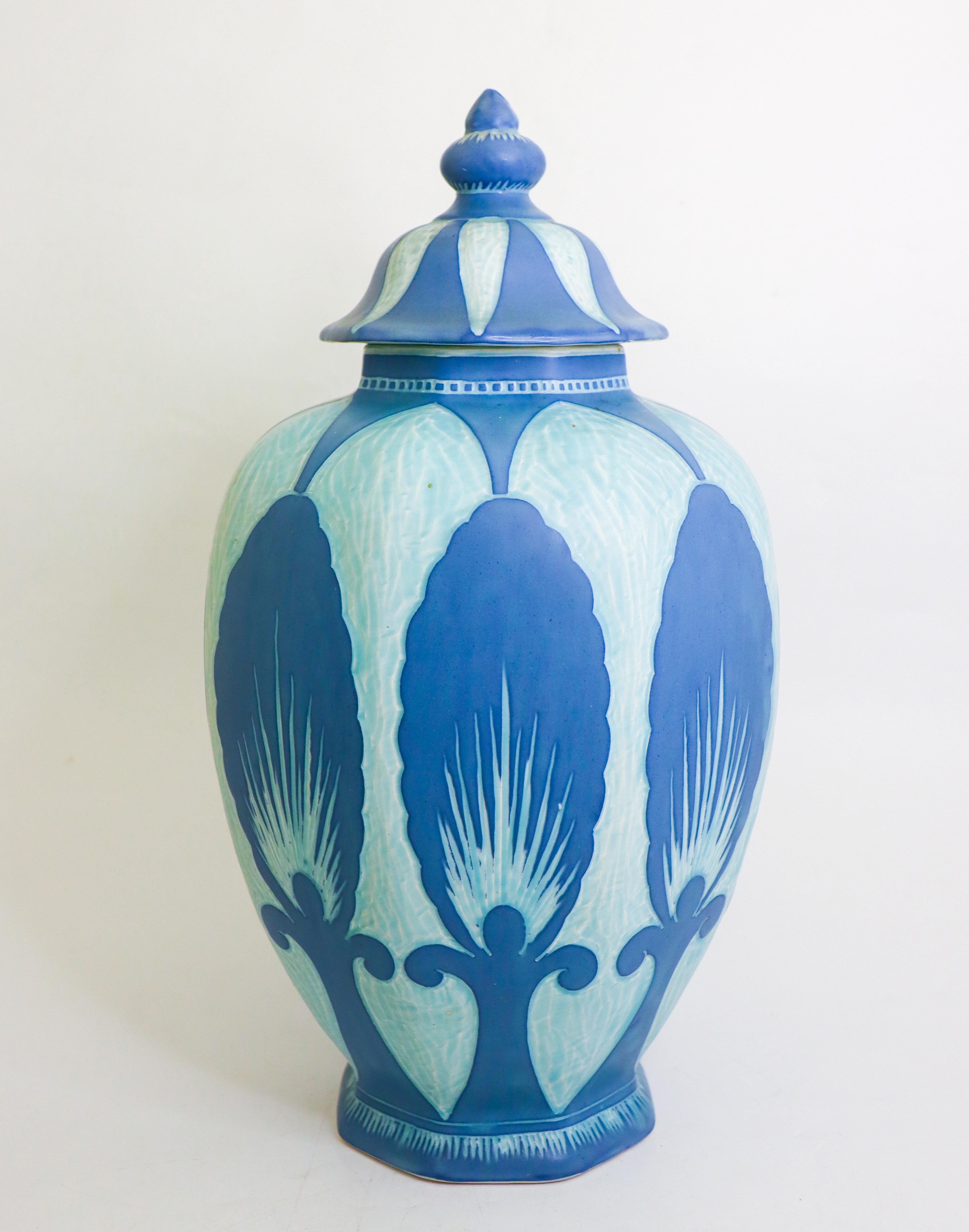 Swedish Rare Art Nouveau Ceramic Urn Turquoise & Blue Josef Ekberg Sgrafitto 1925 For Sale