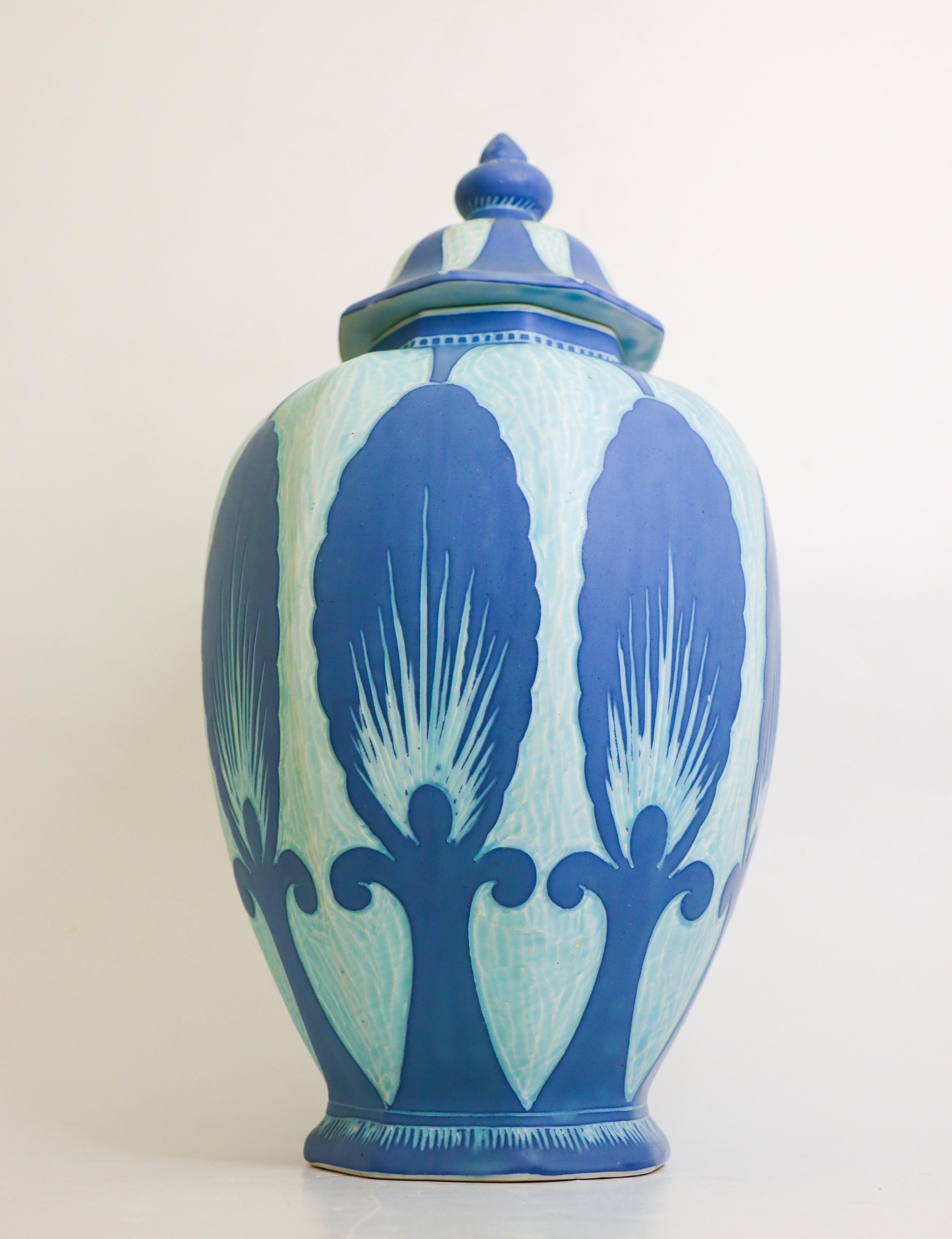 Glazed Rare Art Nouveau Ceramic Urn Turquoise & Blue Josef Ekberg Sgrafitto 1925 For Sale