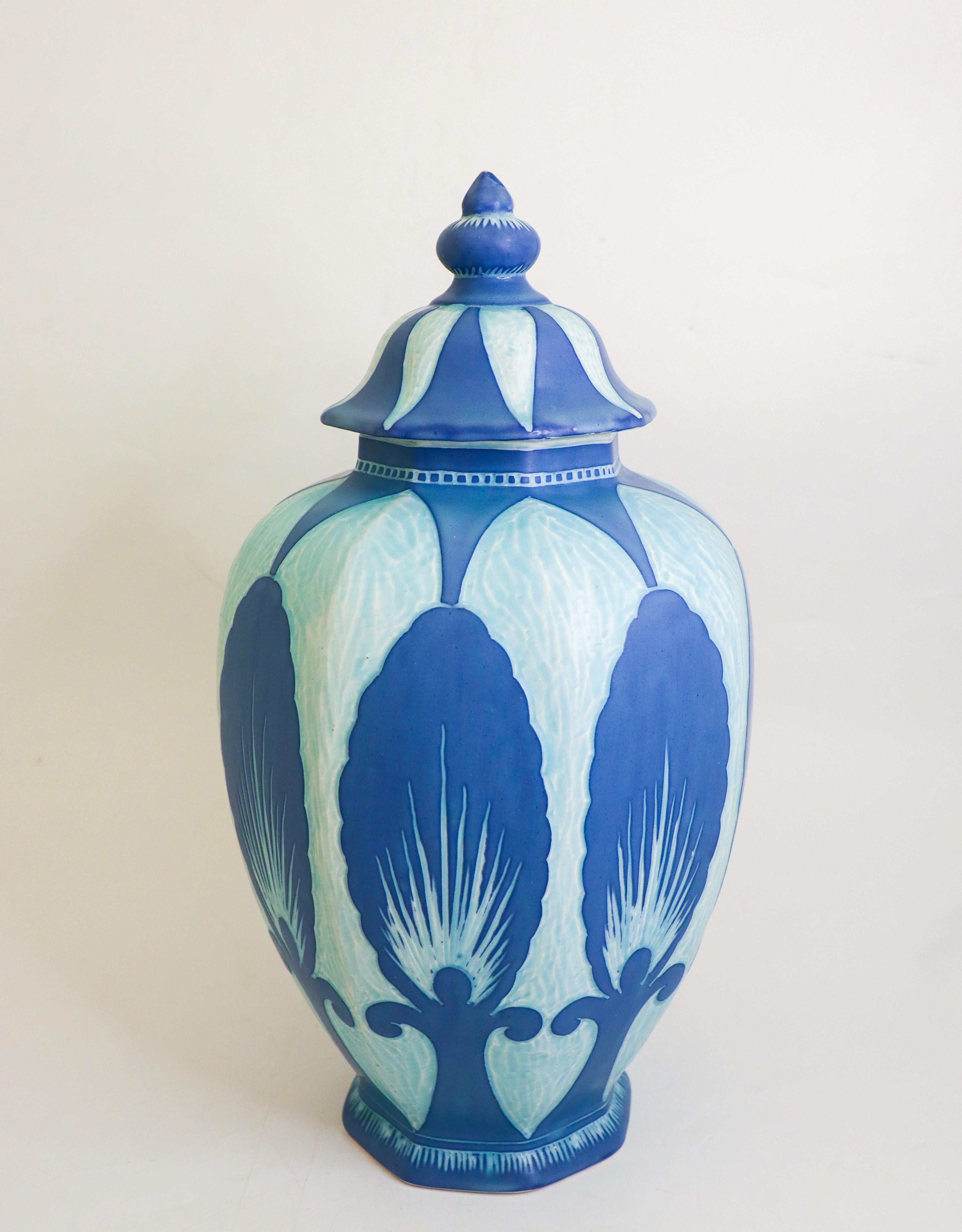 Seltene Jugendstil-Keramik-Urne Türkis & Blau Josef Ekberg Sgrafitto 1925 (Glasiert) im Angebot