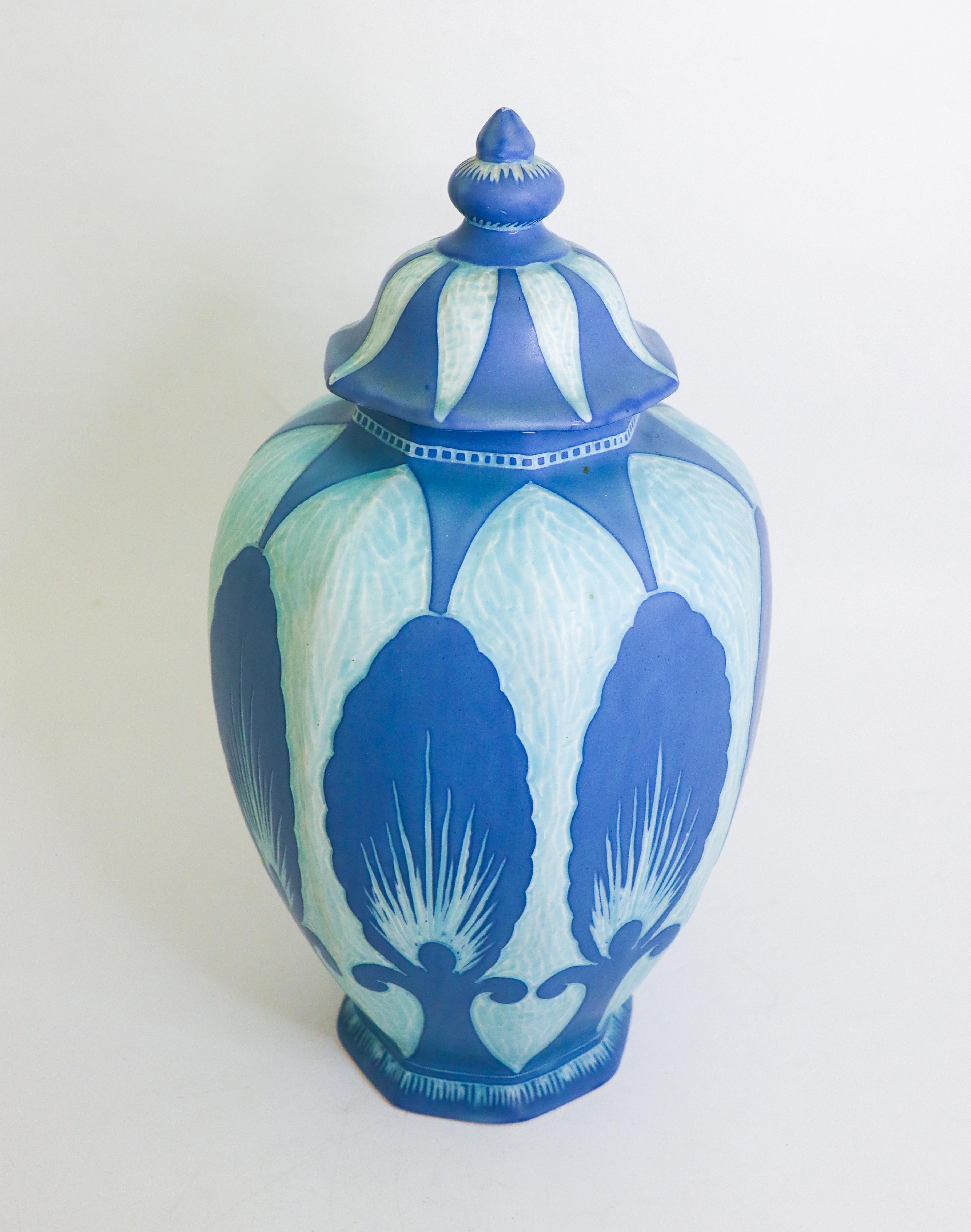 20th Century Rare Art Nouveau Ceramic Urn Turquoise & Blue Josef Ekberg Sgrafitto 1925 For Sale