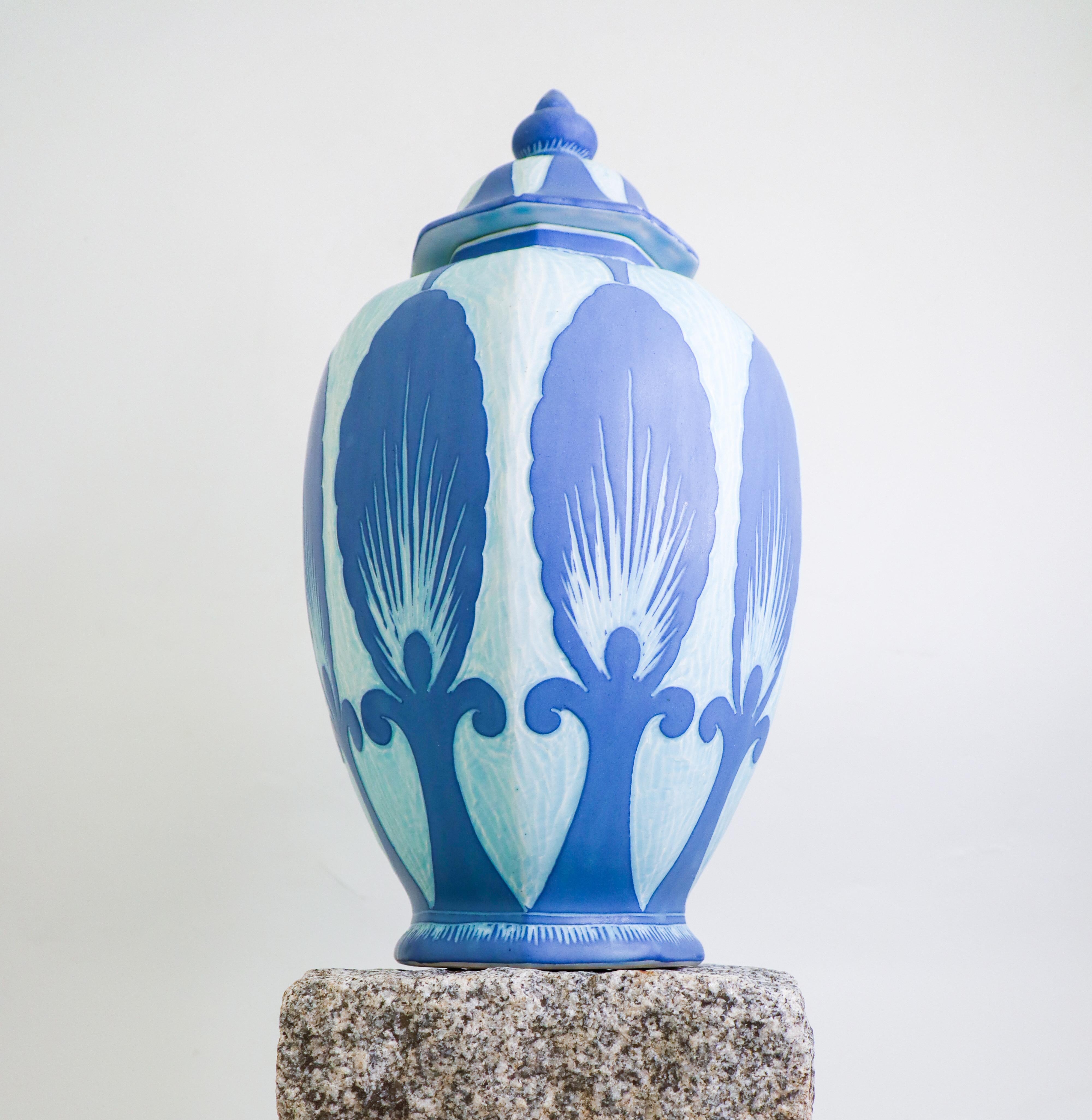 Urne Art nouveau turquoise et bleu Josef Ekberg Sgrafitto 1925 en vente 1