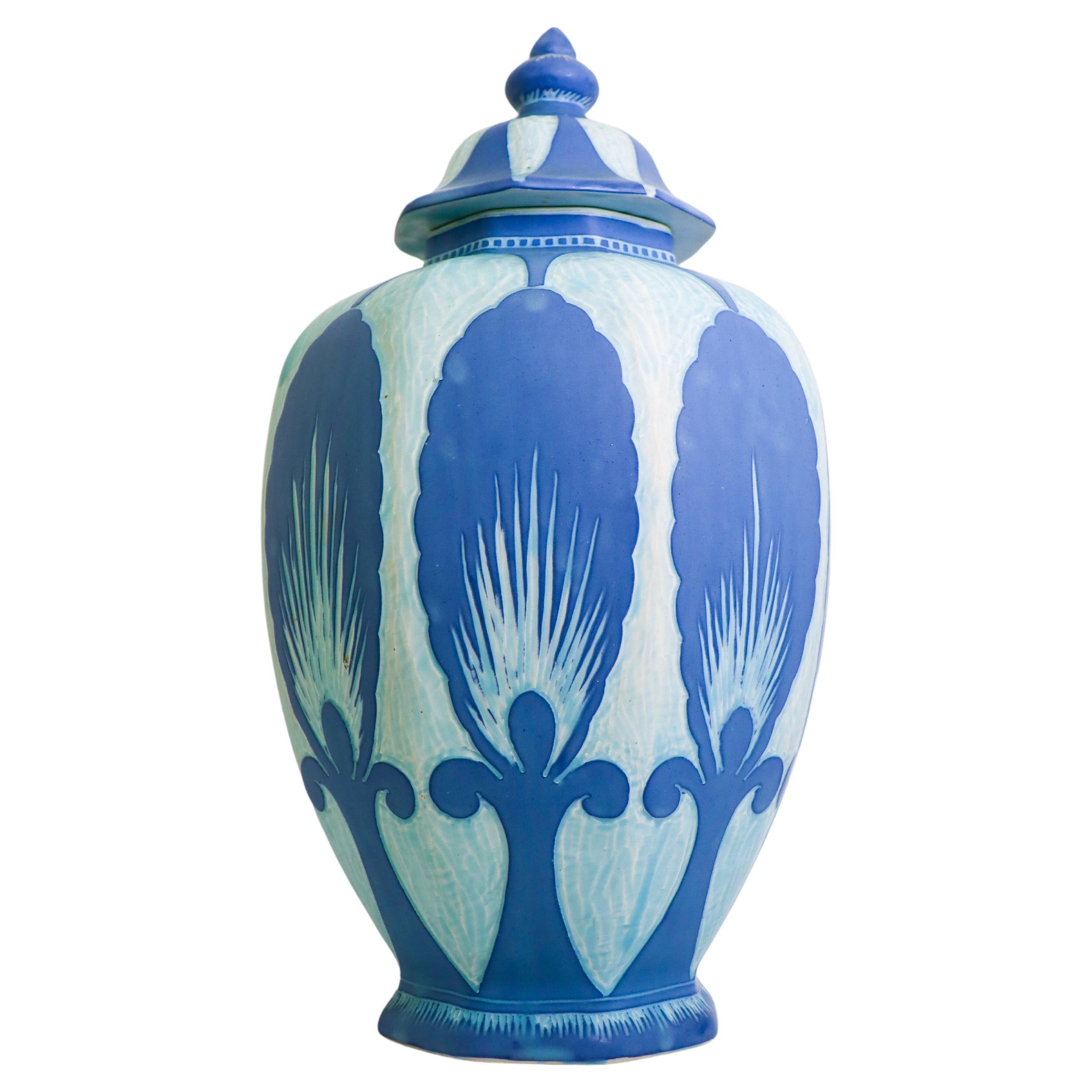 Rare Art Nouveau Ceramic Urn Turquoise & Blue Josef Ekberg Sgrafitto 1925 For Sale