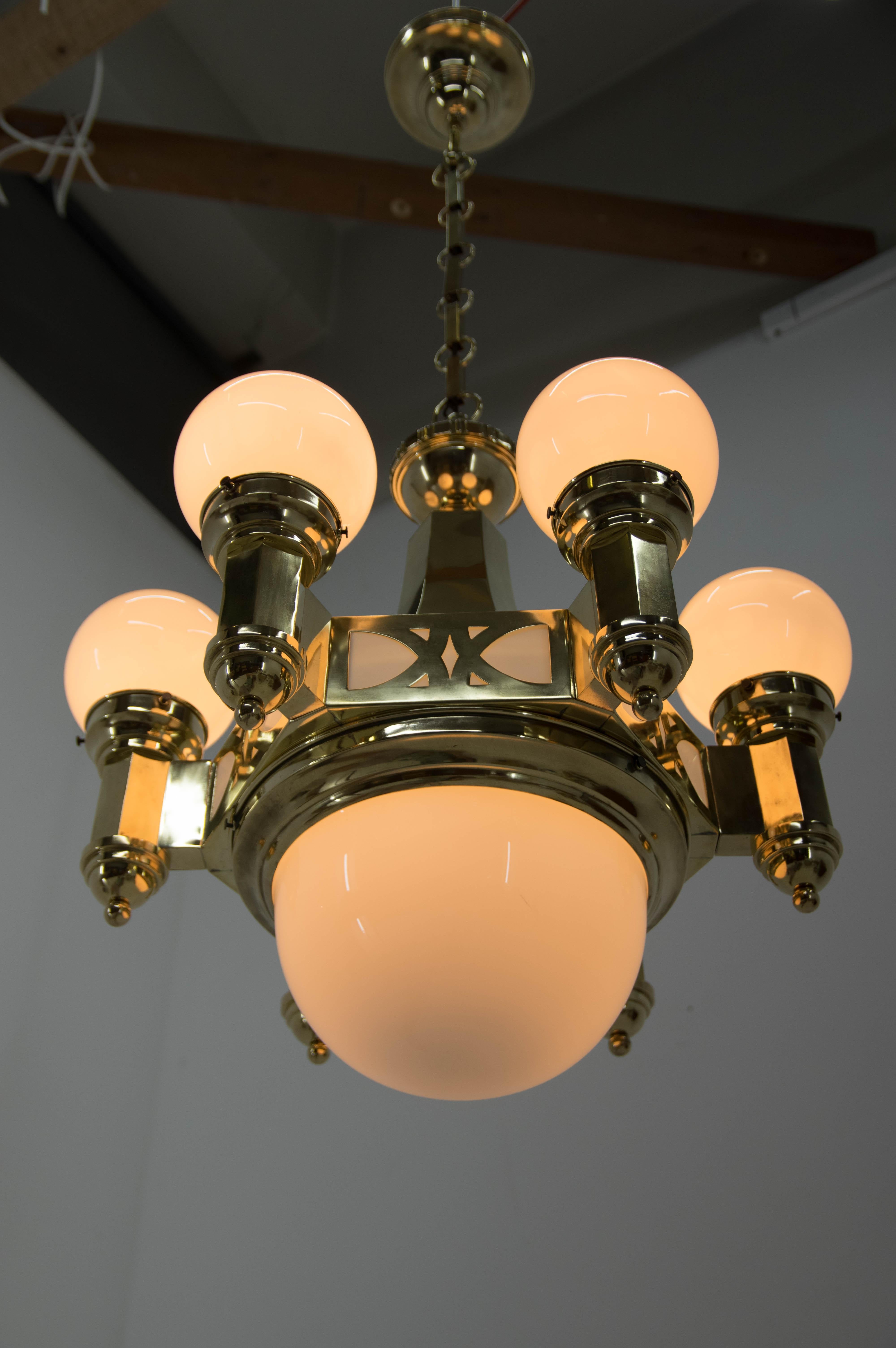 Brass Rare Art Nouveau Chandelier by Emil Kralik for Vulkania, 1920s