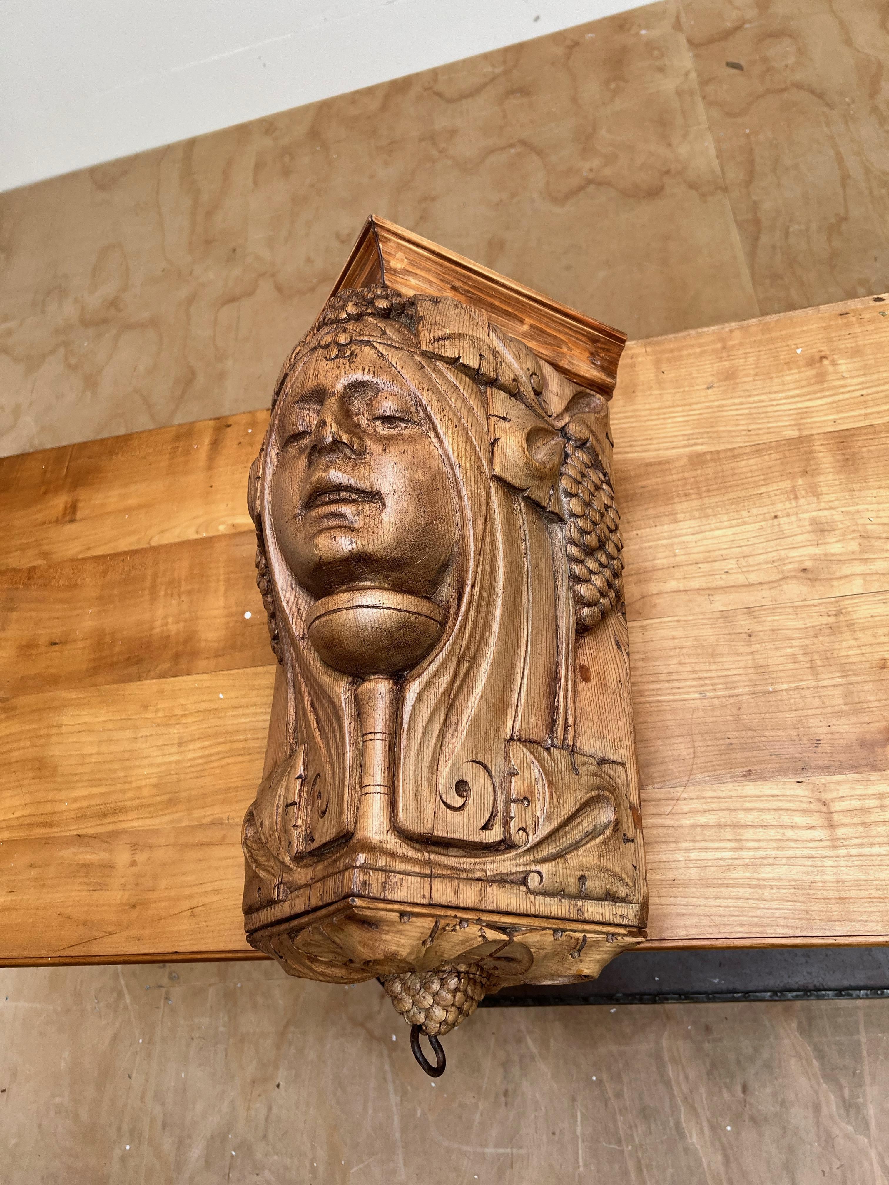 Pine Rare Art Nouveau Era Corner Bracket / Shelf with Amphictyonis Mask / Sculpture For Sale