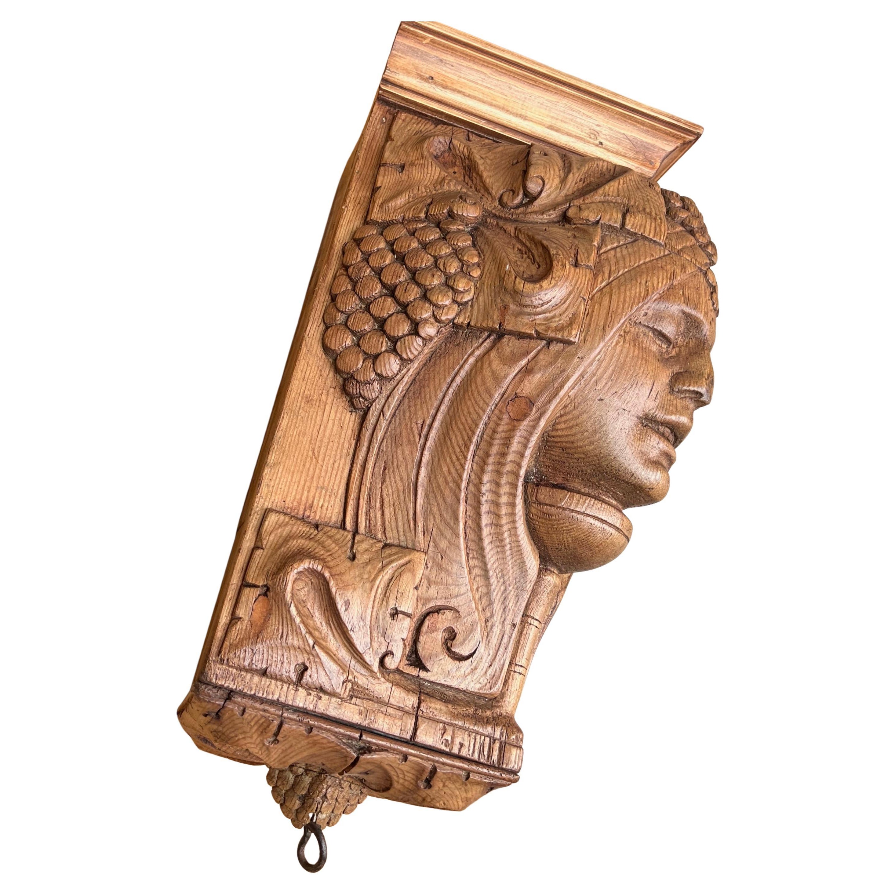 Rare Jugendstil Carved Wood Corner Bracket with Bacchante and Grapevines
