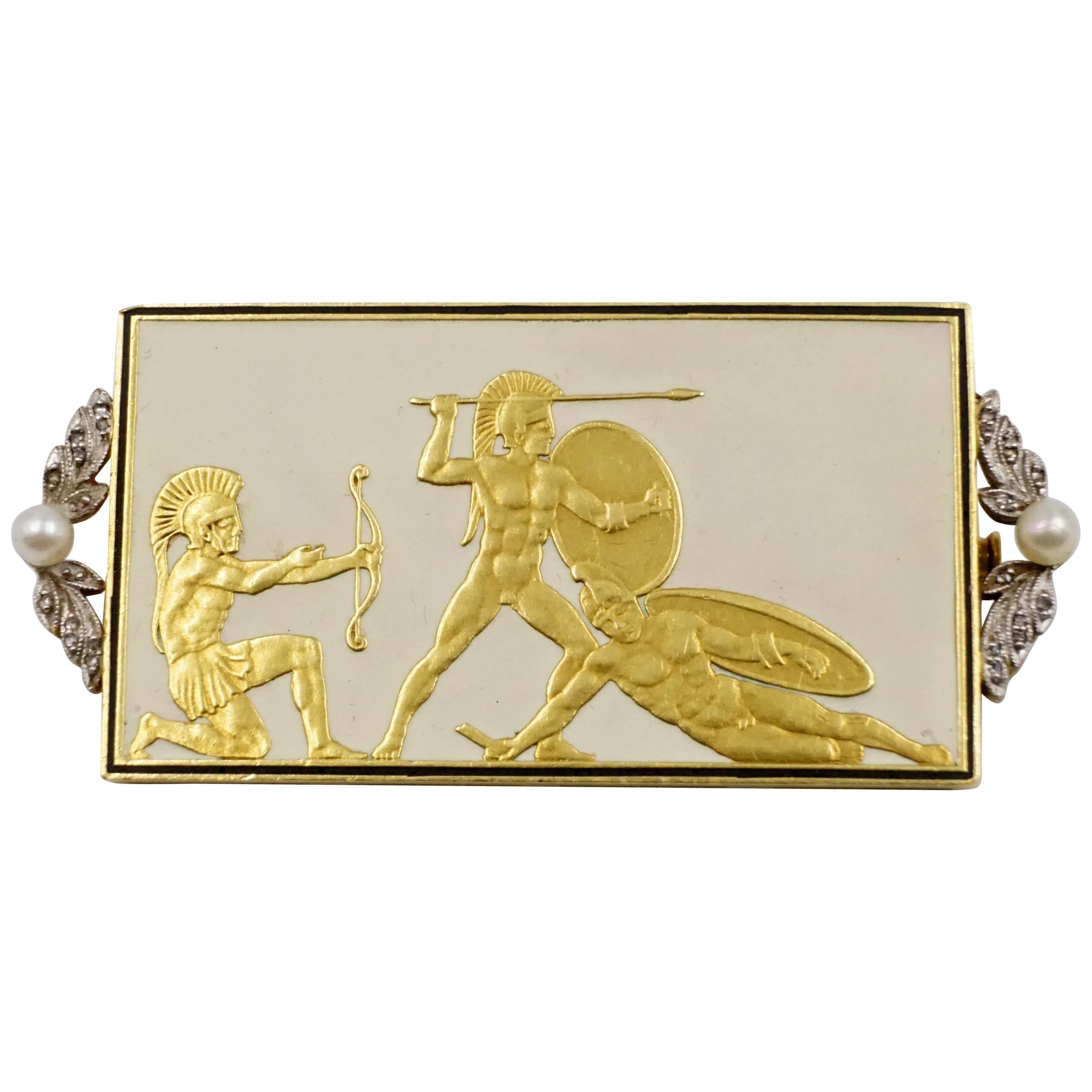 Rare Art Nouveau Gold and Diamond Greek 'Spartan' Soldier Brooch
