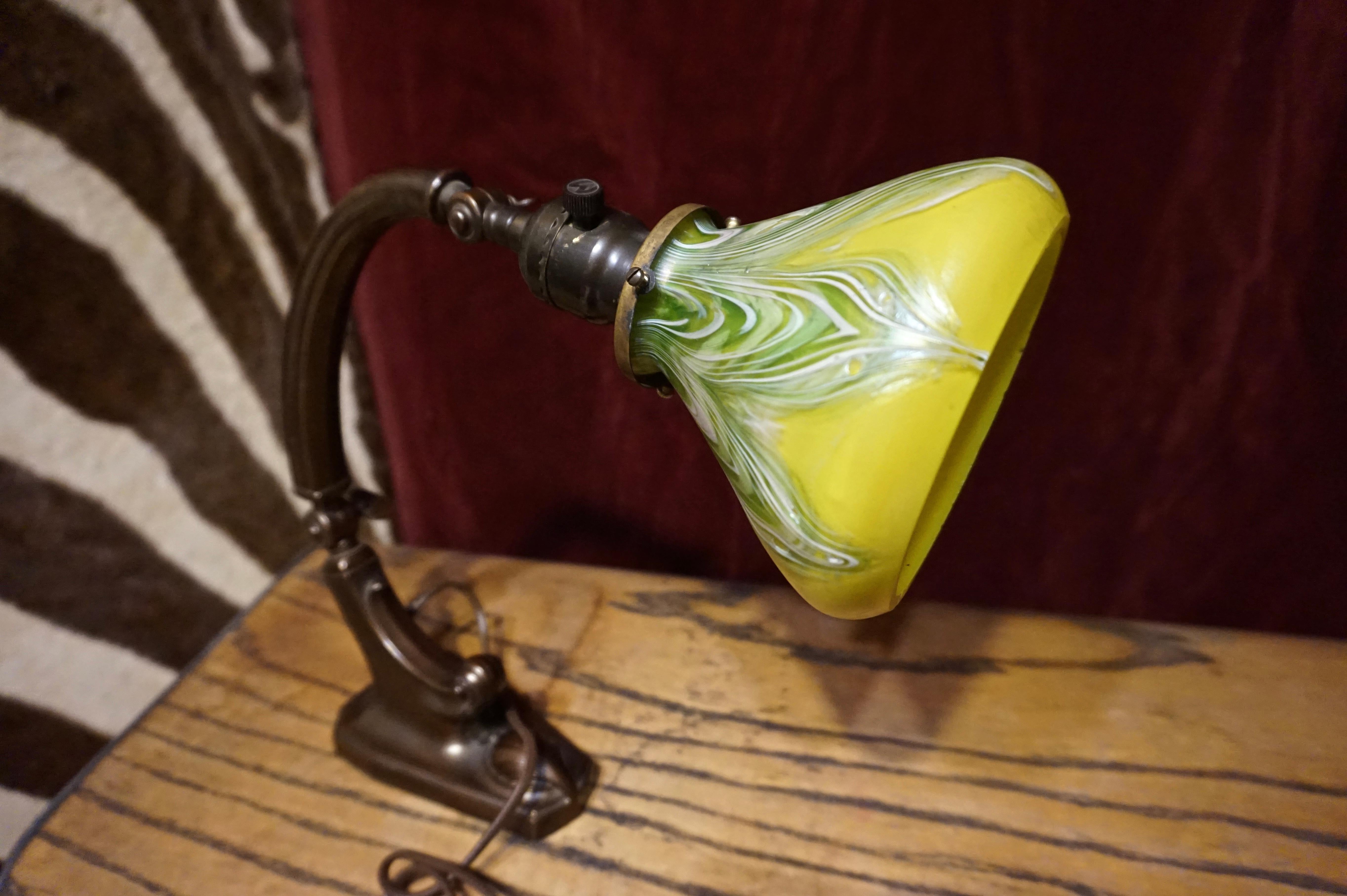 Hand-Crafted Rare Art Nouveau Hand Blown Stained Glass Brass Table Lamp Germany For Sale