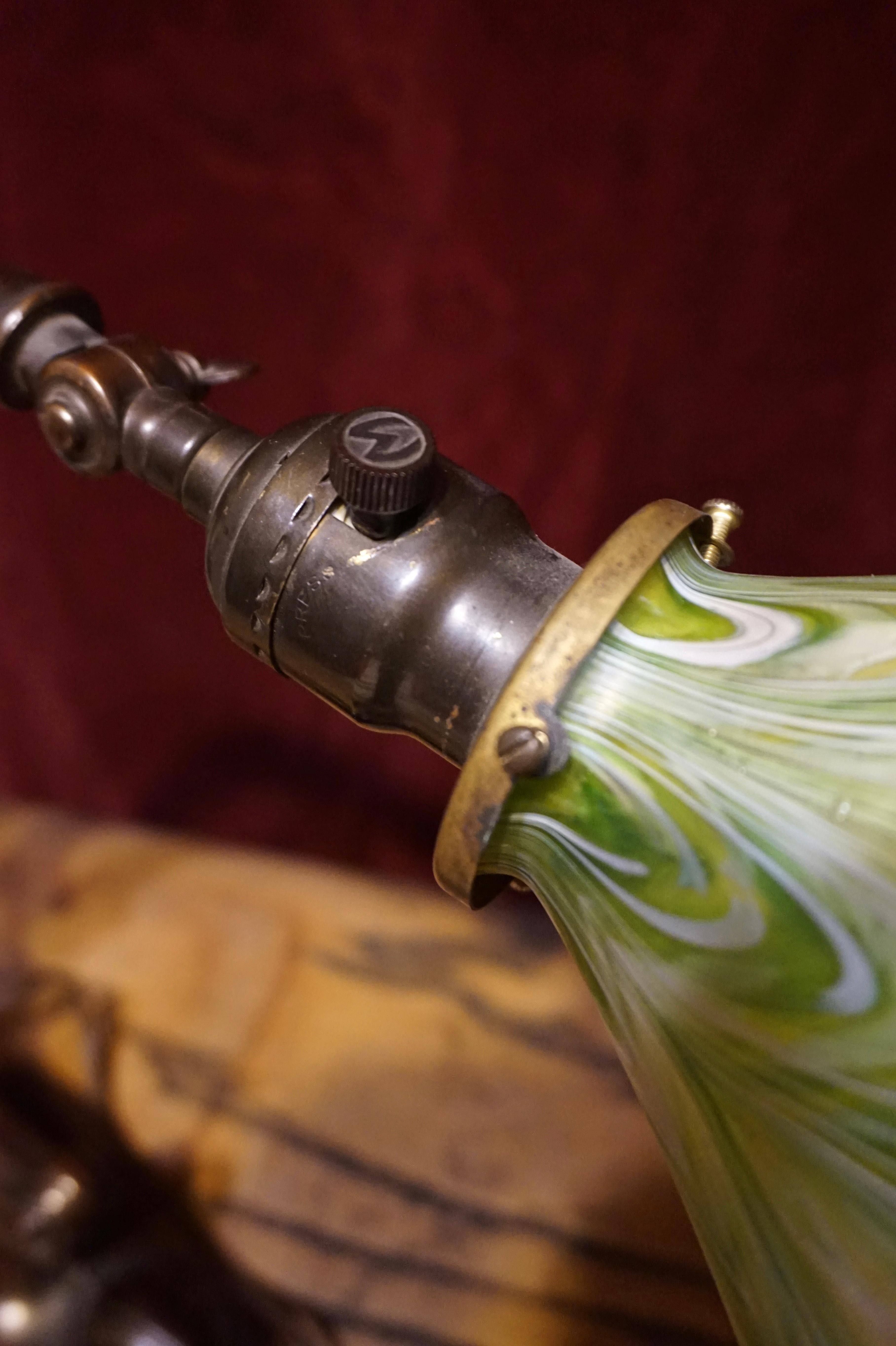 Early 20th Century Rare Art Nouveau Hand Blown Stained Glass Brass Table Lamp Germany For Sale