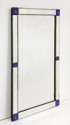 Blue, Green, and Mirrored Glass Geometric Art Nouveau Mirror, Italy, c. 1920s