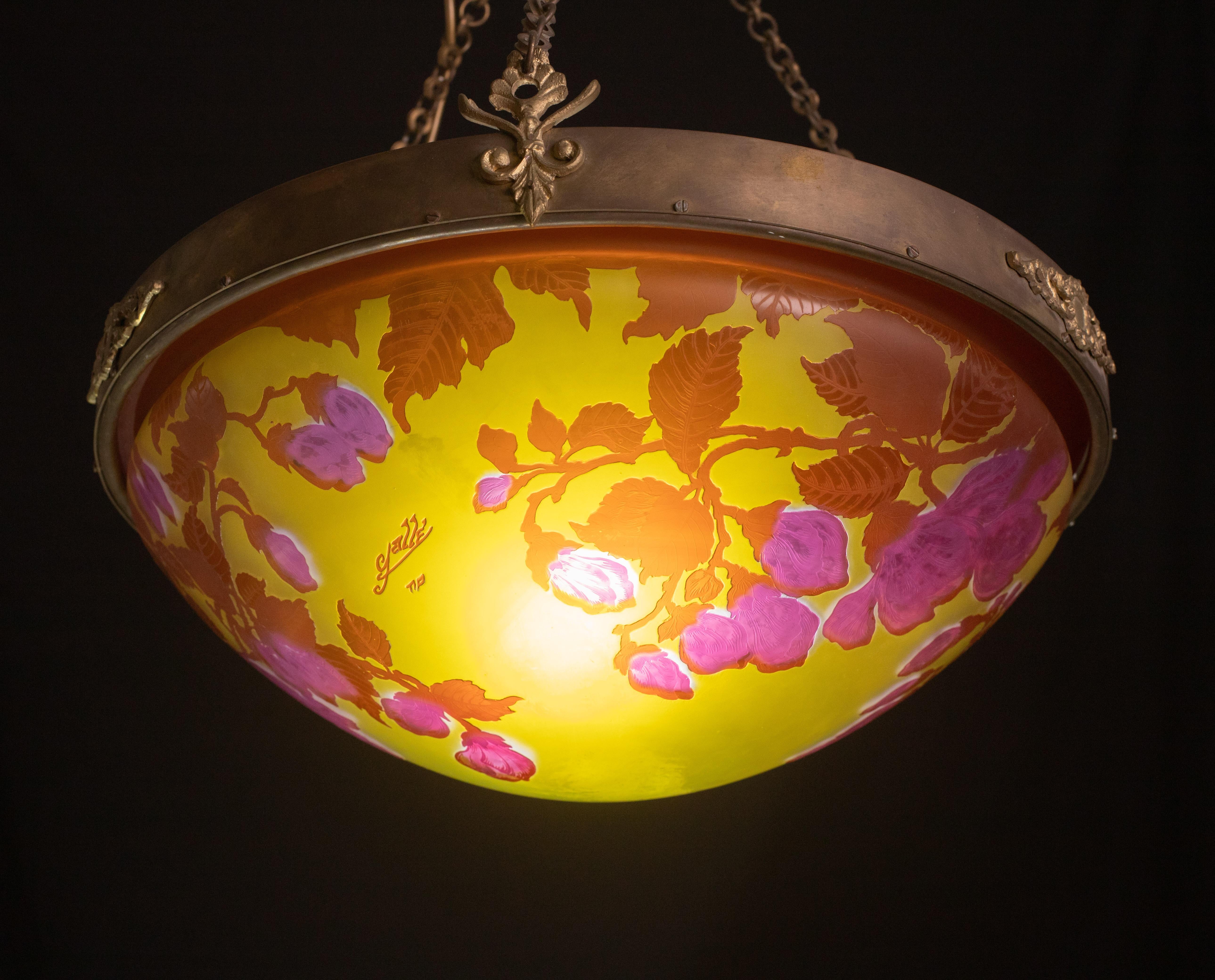 Art Glass Rare Art Nouveau Multicolor Floreal Chandelier by Gallé For Sale