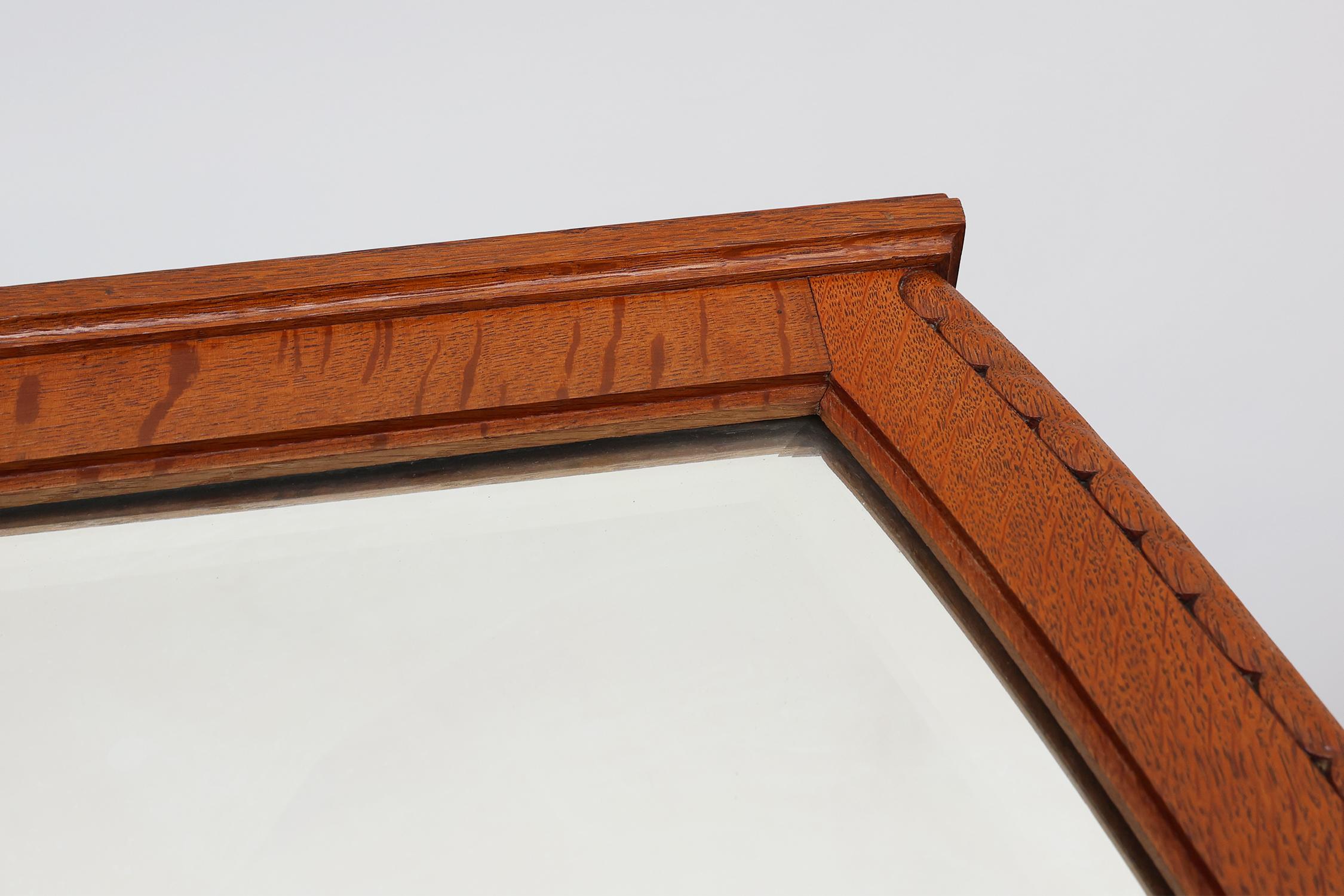 Mirror Rare Art Nouveau oak mantel mirror attr. to De Coene with facet cut mirror, 1905 For Sale