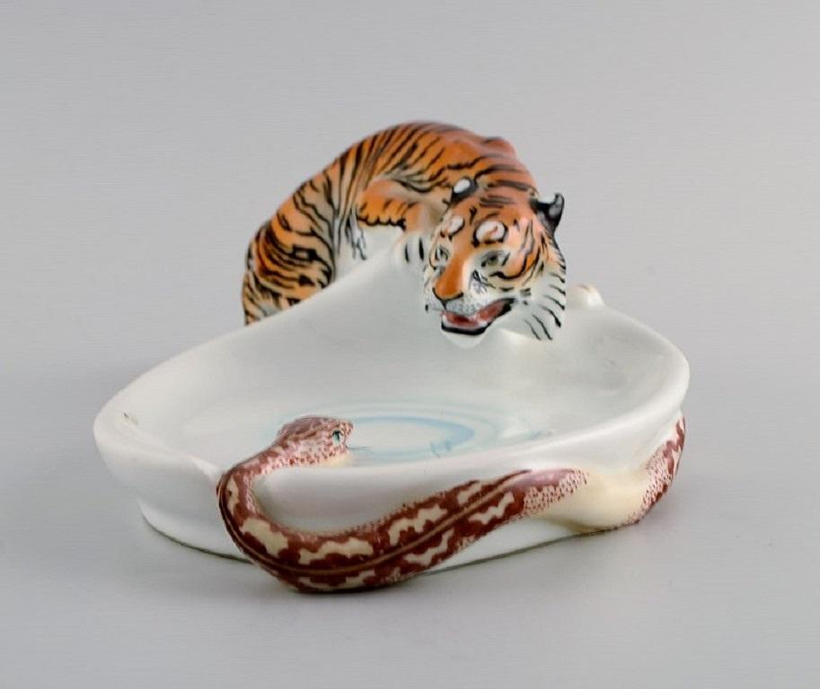 Austrian Rare Art Nouveau Stadt Meissen porcelain figure / bowl. Tiger and snake. 