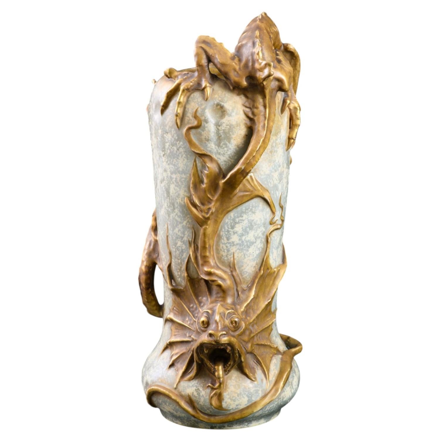 Rare Art Nouveau "Vase w/Oriental Dragon" by Eduard Stellmacher for RStK Amphora