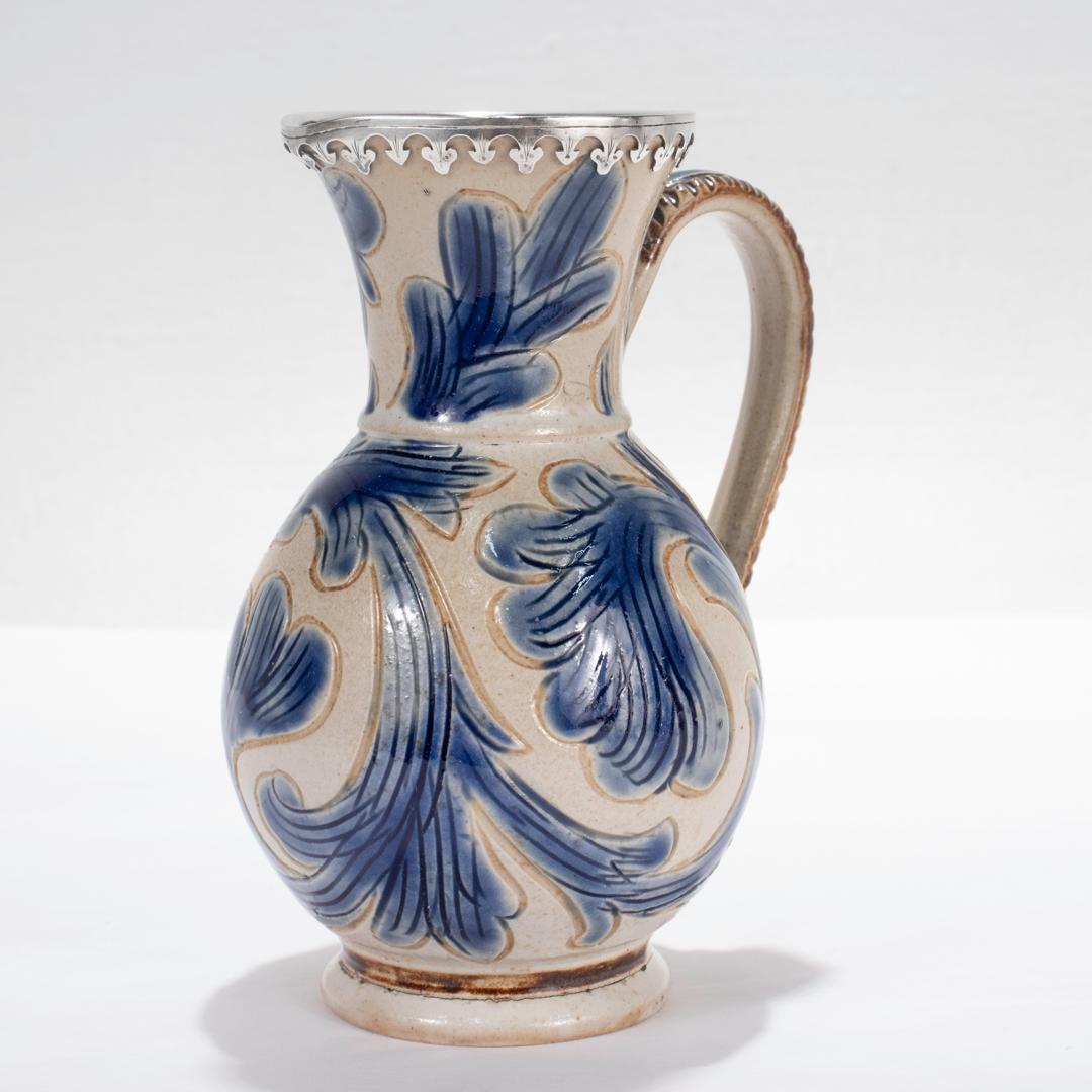 Ceramica Rara brocca in gres Doulton Lambeth con montatura in argento di Arthur Barlow