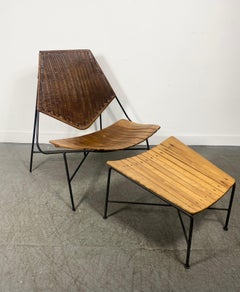 Rare Arthur Umanoff Iron, wood,  wicker Lounge Chair and Ottoman for Raymor