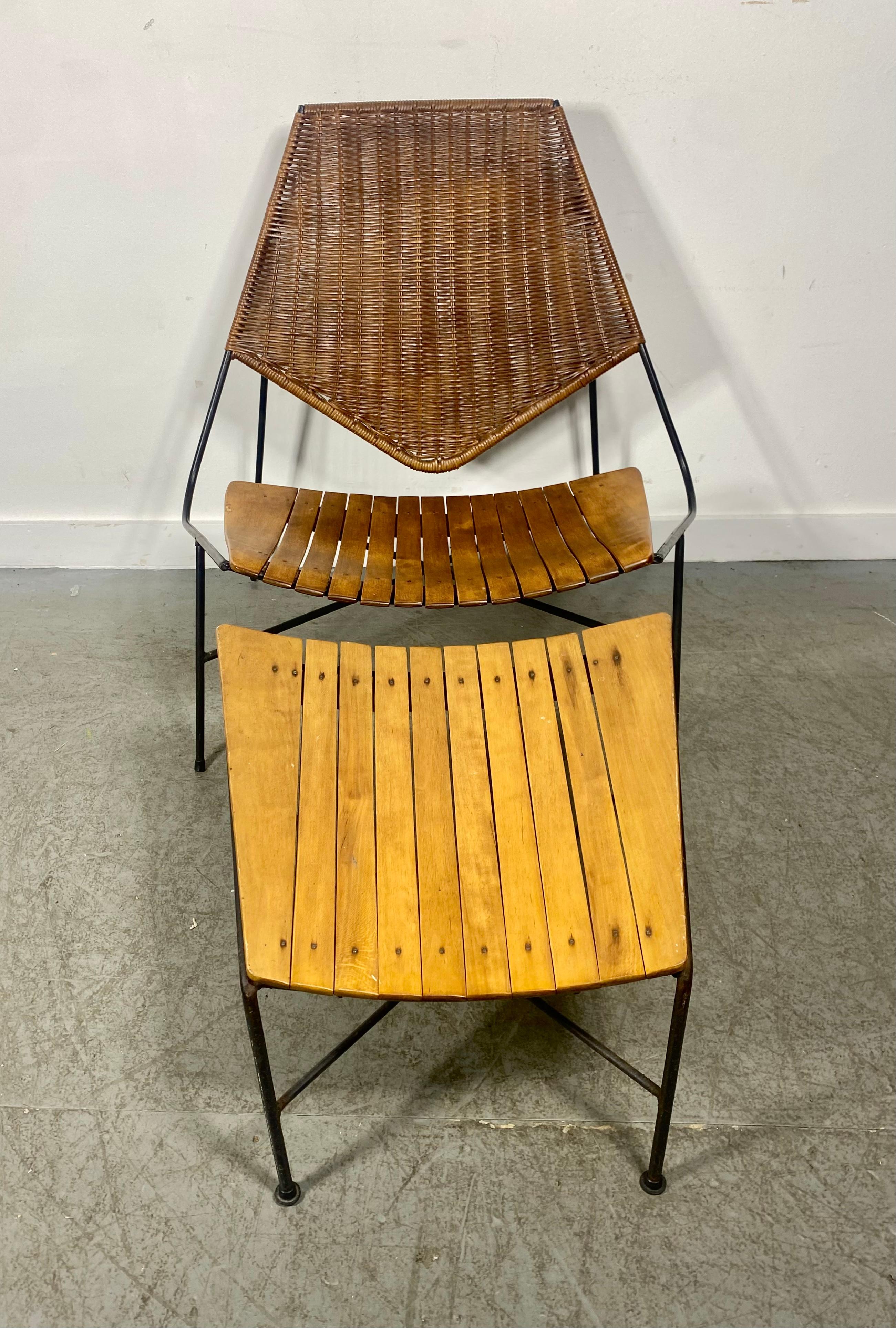 Rare Arthur Umanoff Iron, wood,  wicker Lounge Chair and Ottoman for Raymor In Good Condition For Sale In Buffalo, NY