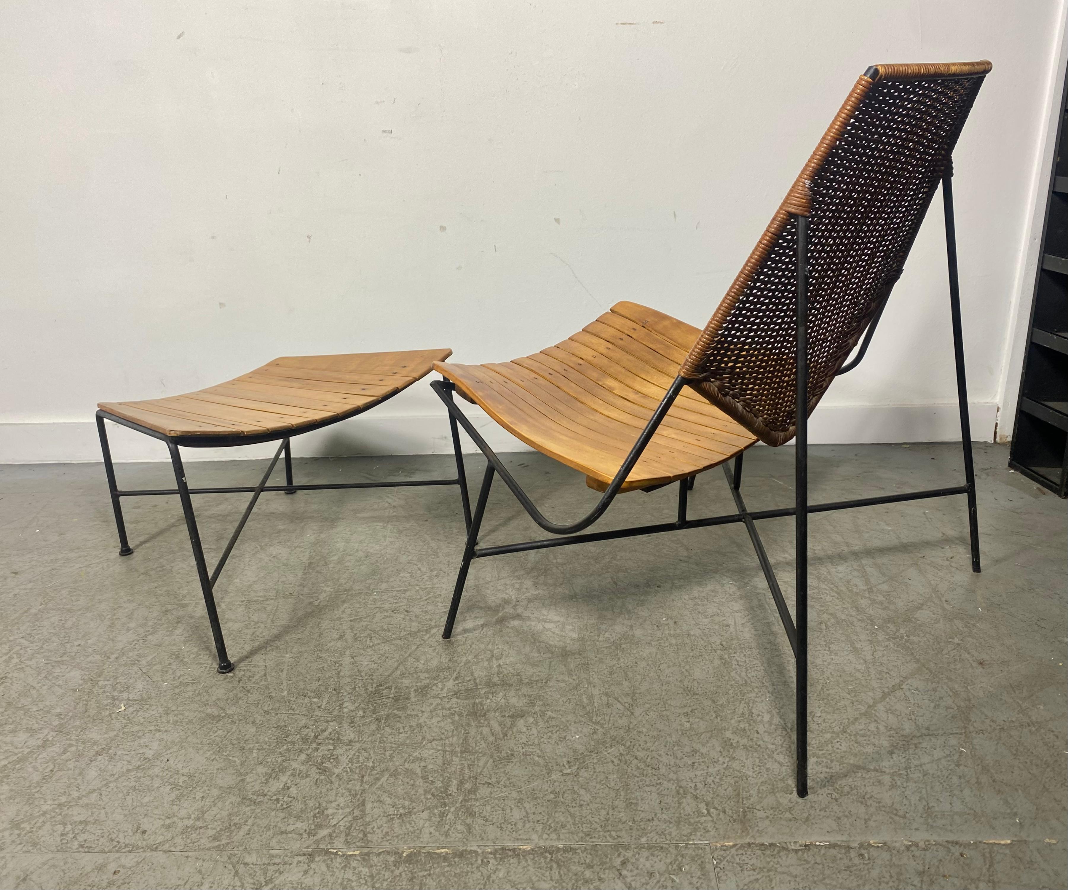 Mid-20th Century Rare Arthur Umanoff Iron, wood,  wicker Lounge Chair and Ottoman for Raymor For Sale