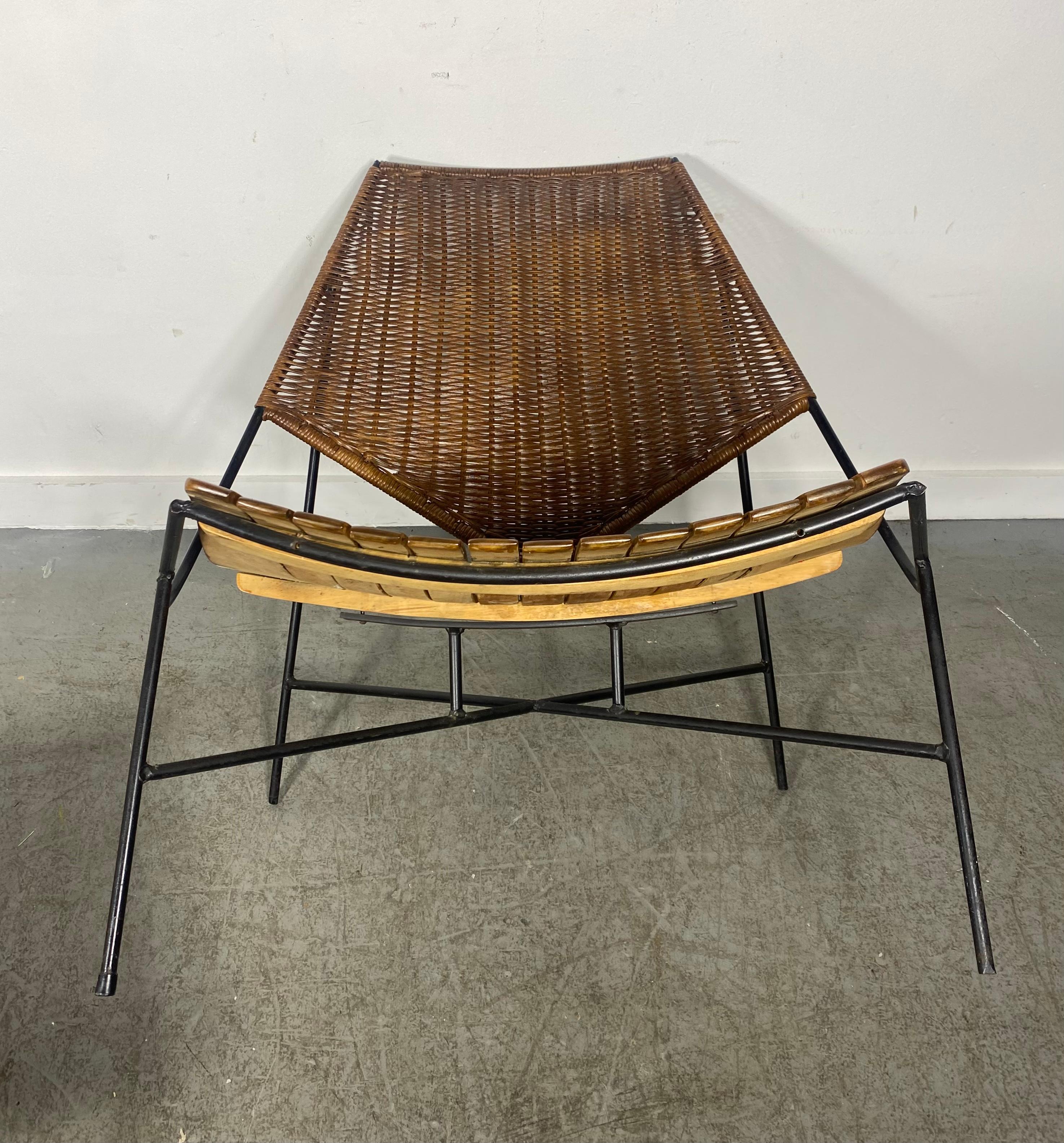 Rare Arthur Umanoff Iron, wood,  wicker Lounge Chair and Ottoman for Raymor For Sale 1