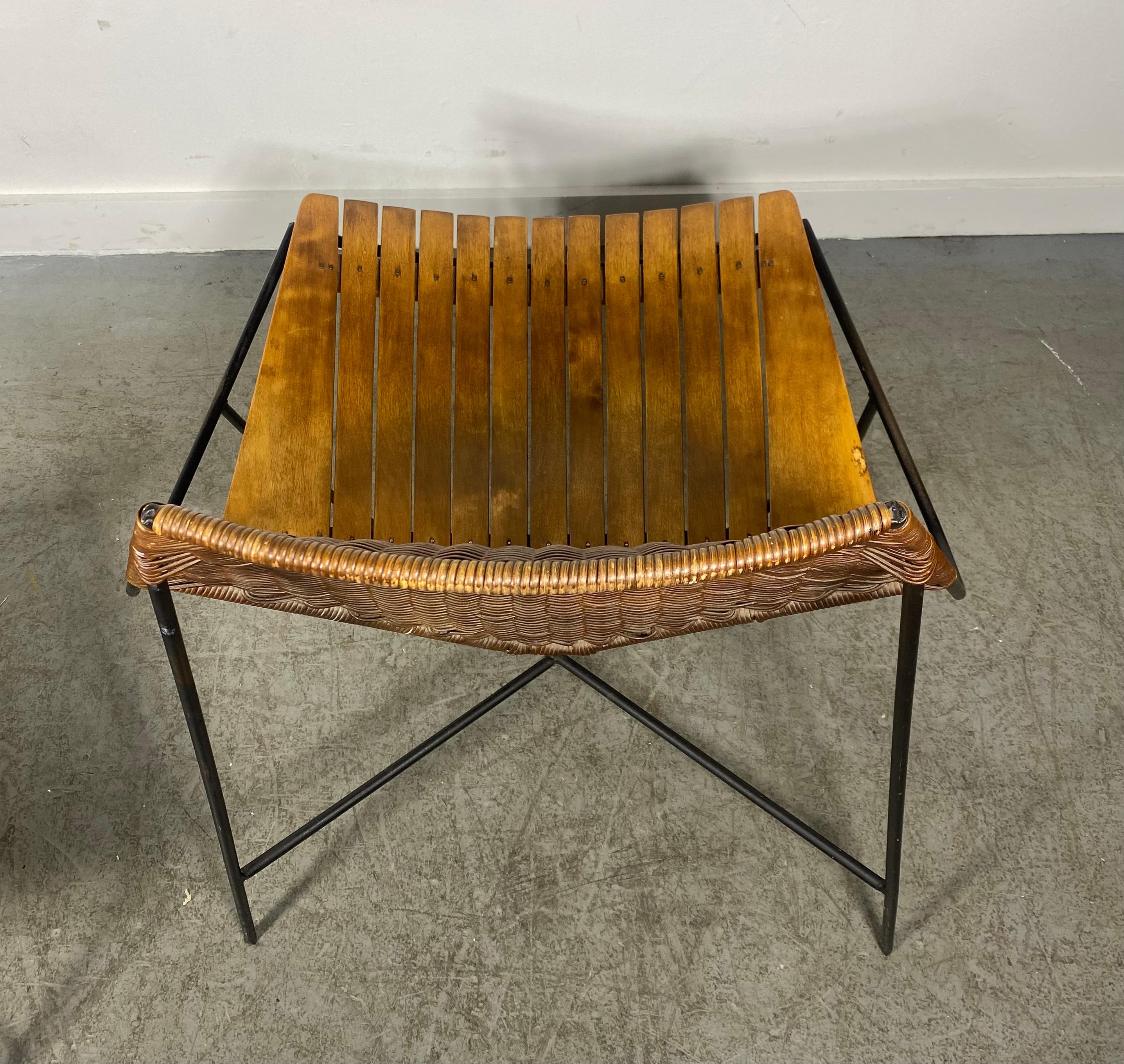 Rare Arthur Umanoff Iron, wood,  wicker Lounge Chair and Ottoman for Raymor For Sale 2