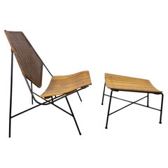 Rare Arthur Umanoff Iron, wood,  wicker Lounge Chair and Ottoman for Raymor