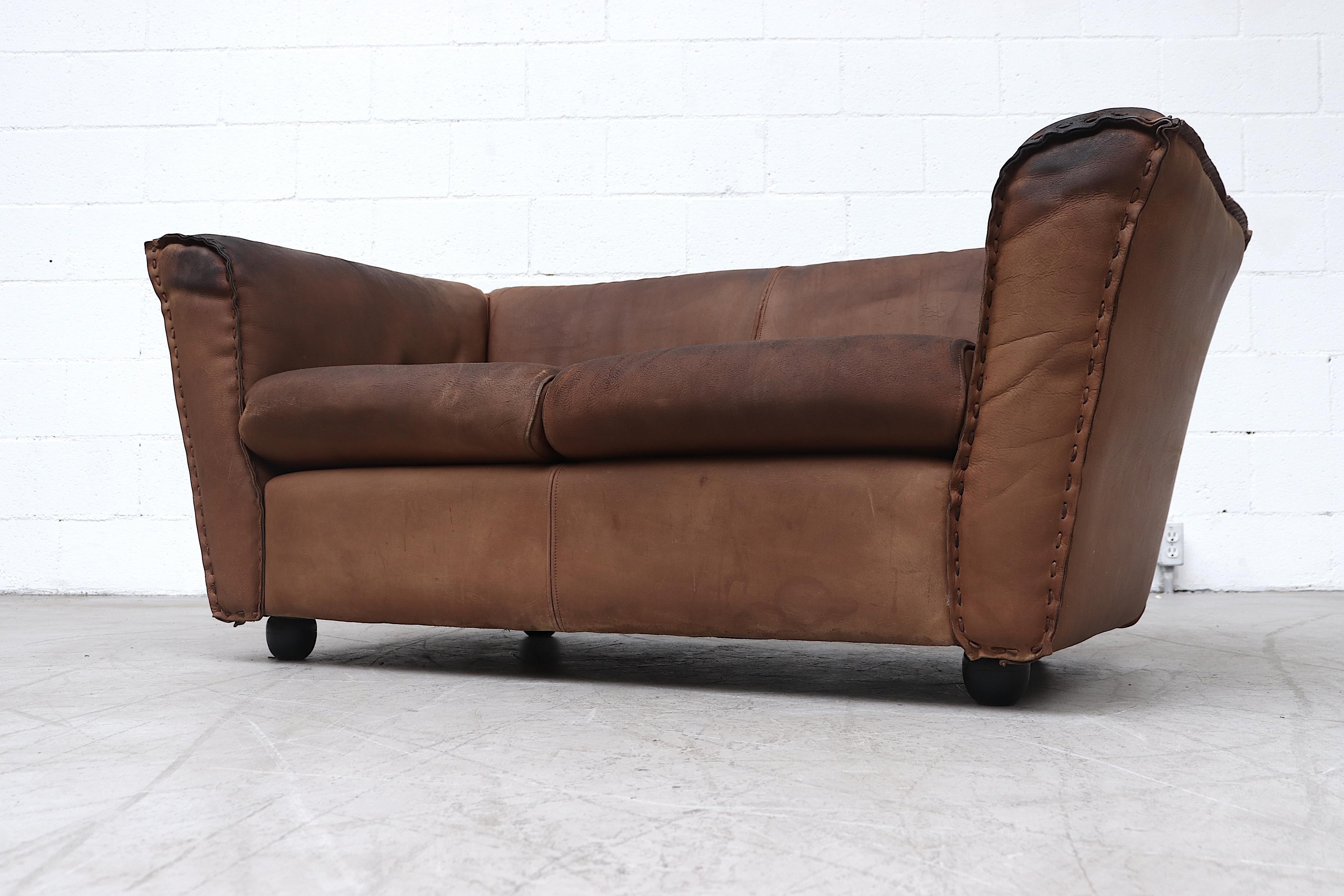 Rare Artifort Leather Love Seat In Fair Condition In Los Angeles, CA