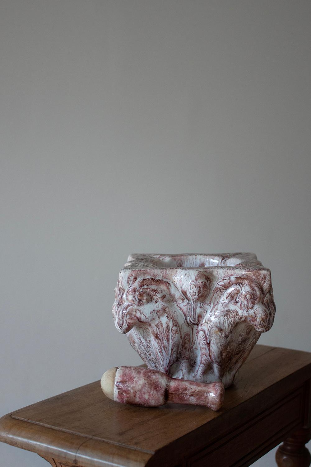 Rare Artist Made Small Ceramic French Collum Capital Mortar For Sale 1