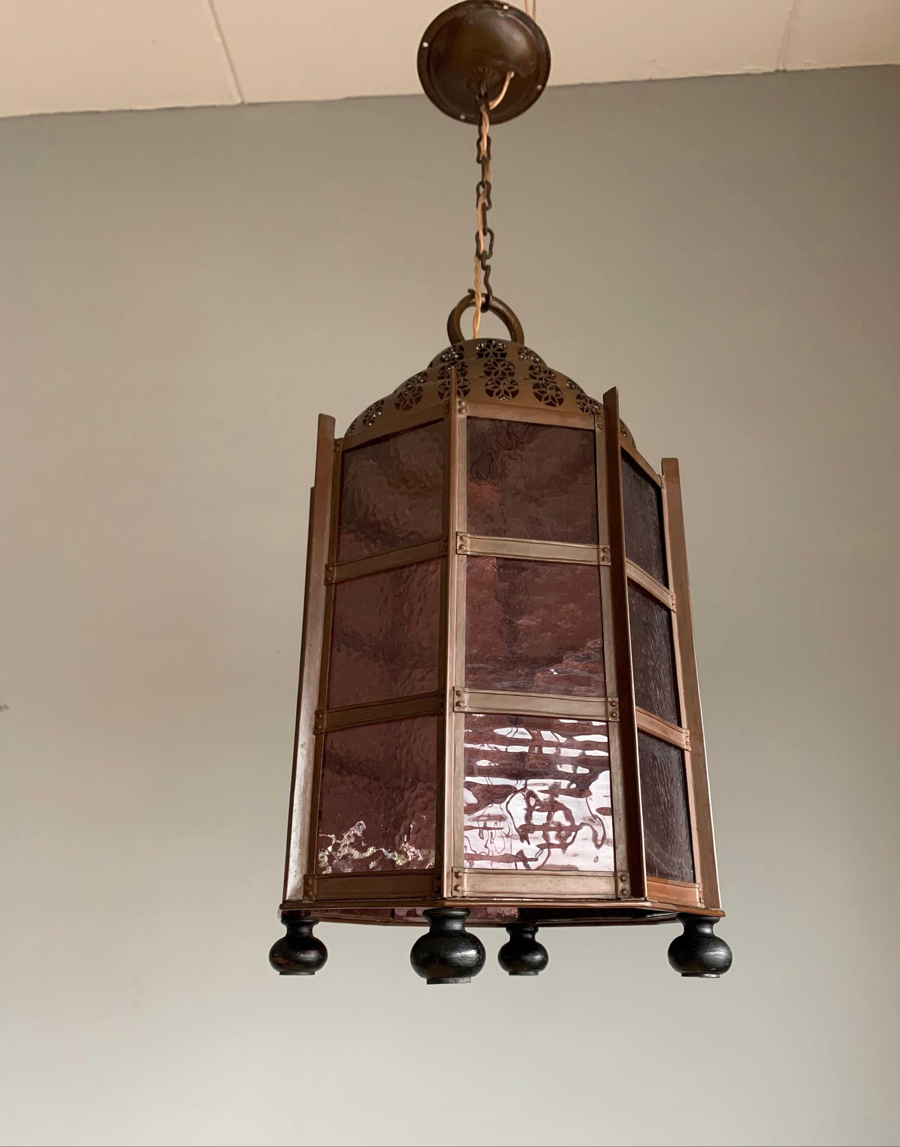 Arts and Crafts Copper Pendant Light or large Hall Lantern with Cathedral Glass 5