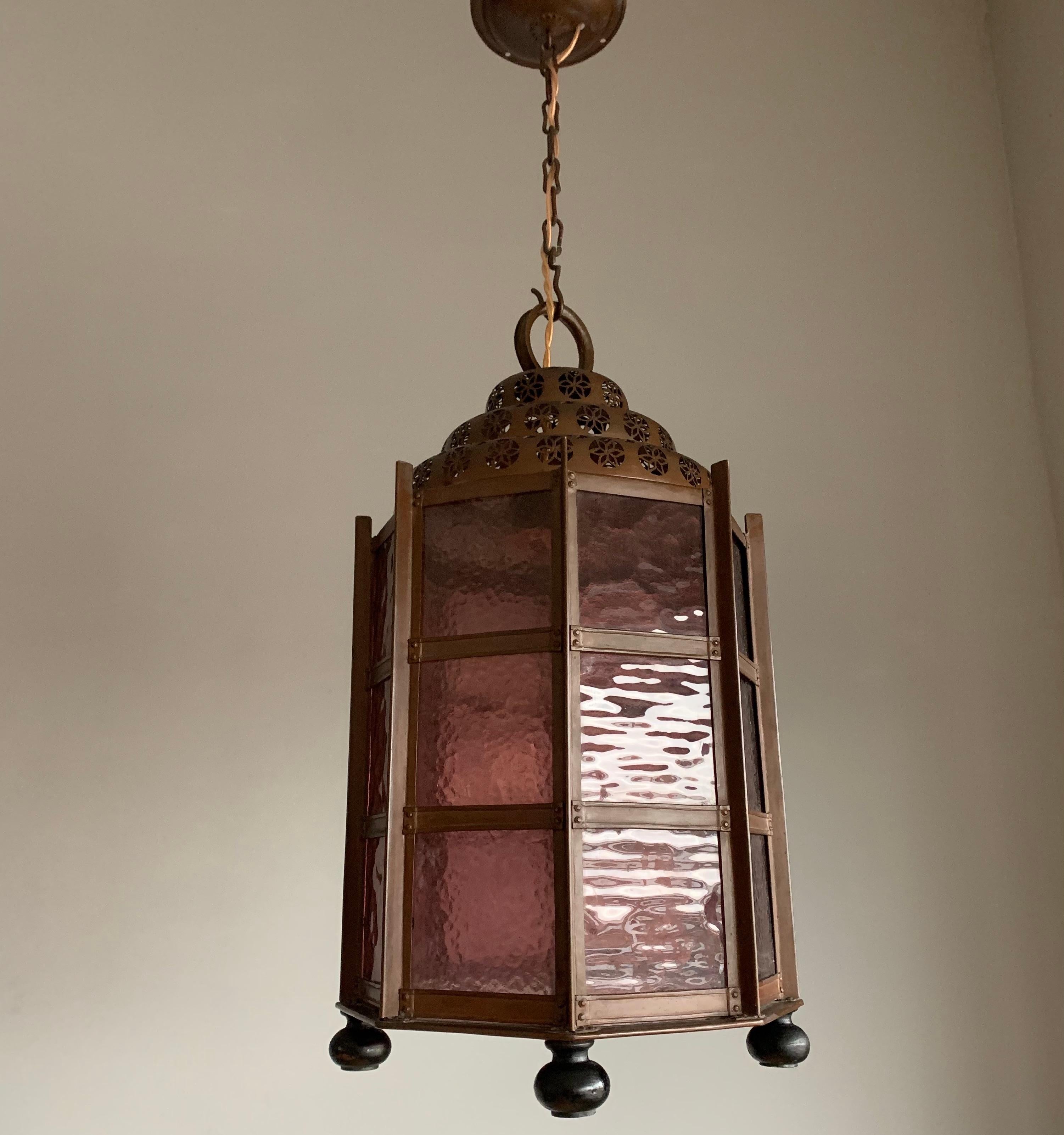 Arts and Crafts Copper Pendant Light or large Hall Lantern with Cathedral Glass 9