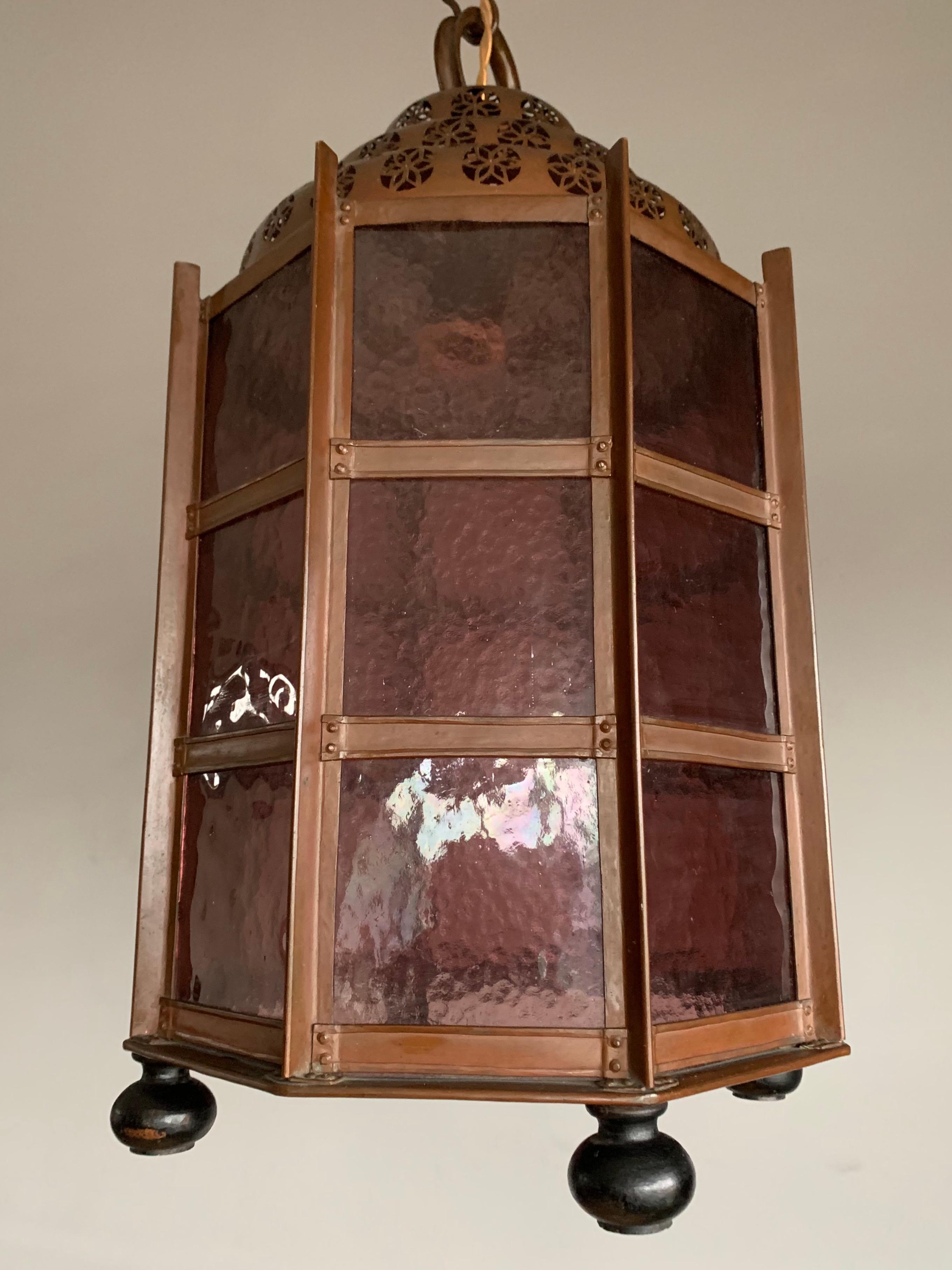 European Arts and Crafts Copper Pendant Light or large Hall Lantern with Cathedral Glass