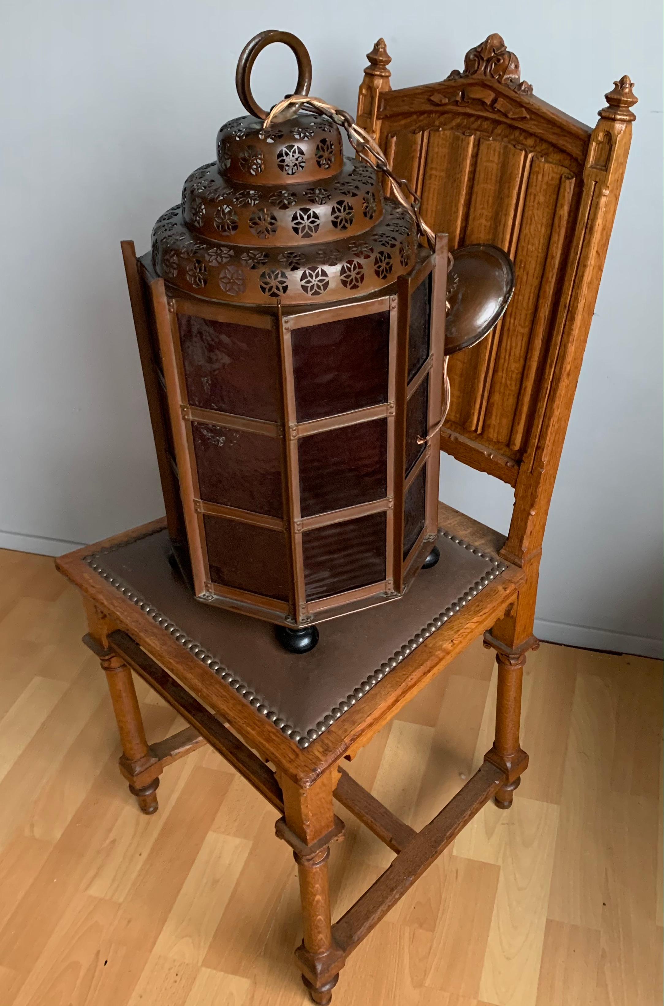 Hammered Arts and Crafts Copper Pendant Light or large Hall Lantern with Cathedral Glass