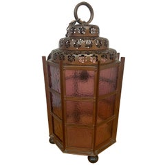 Antique Arts and Crafts Copper Pendant Light or large Hall Lantern with Cathedral Glass