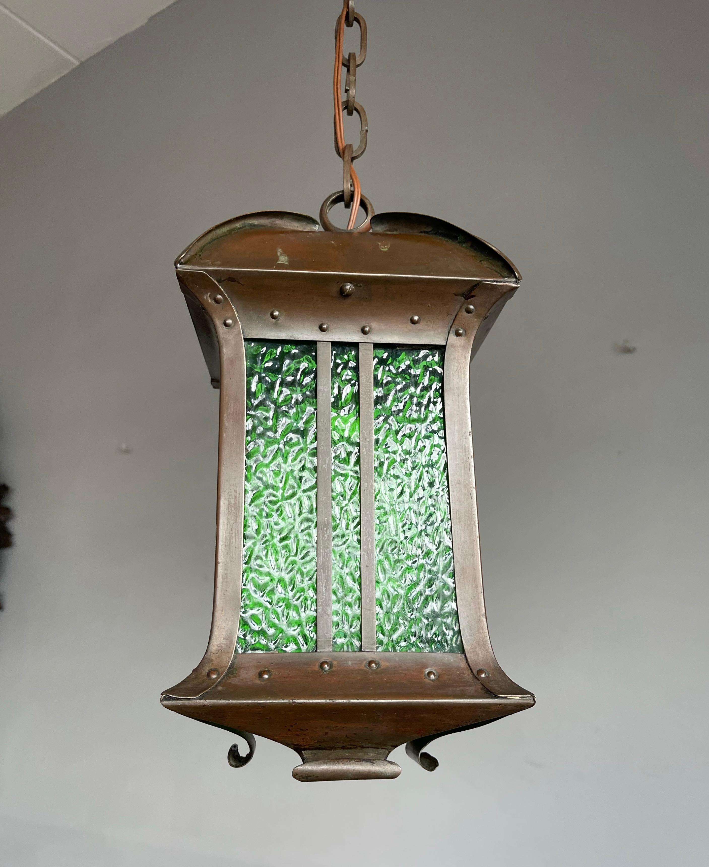 Rare Arts & Crafts Pendant Light / Lantern Patinated Copper & Cathedral Glass 8