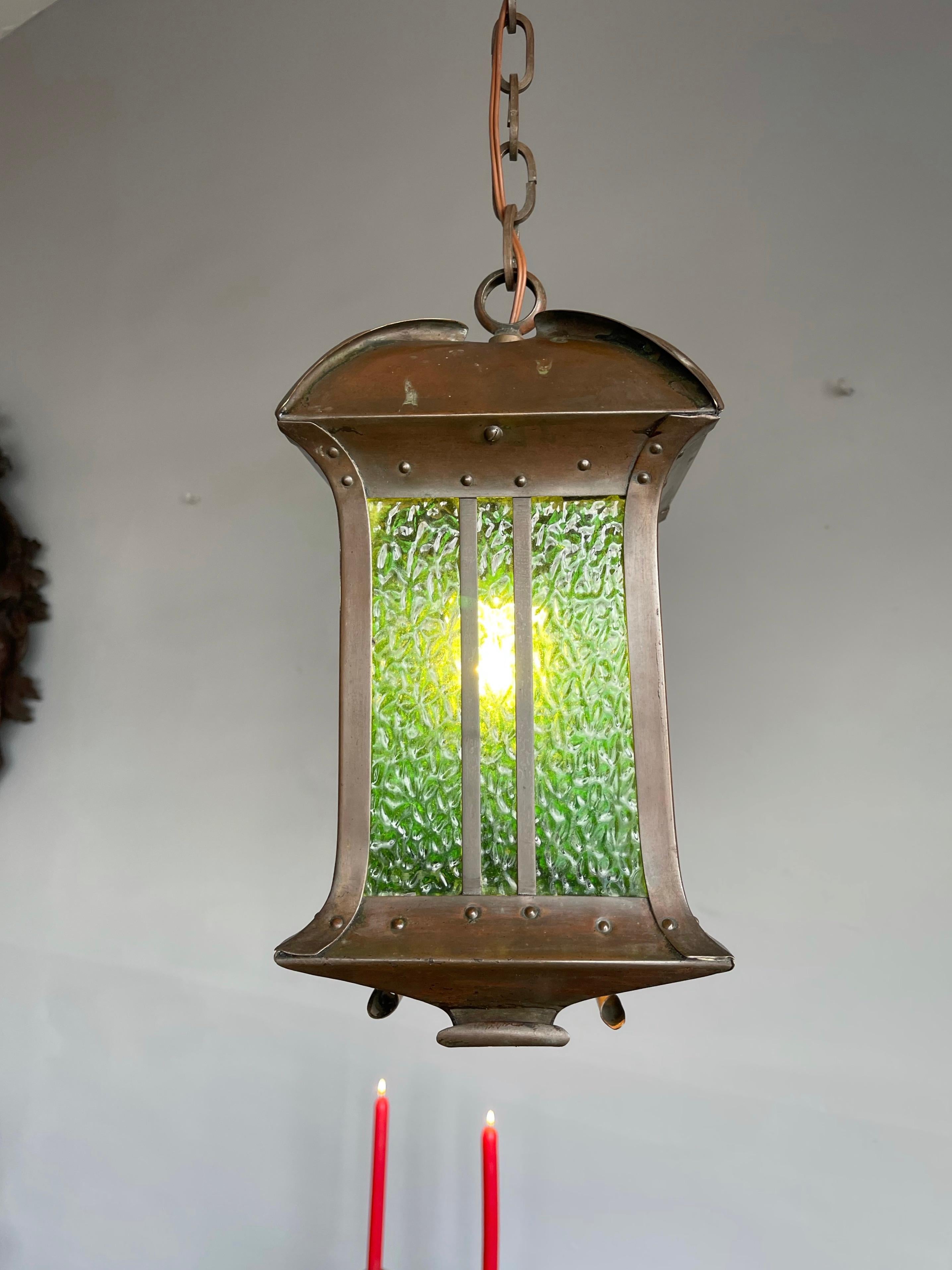 Rare Arts & Crafts Pendant Light / Lantern Patinated Copper & Cathedral Glass 9